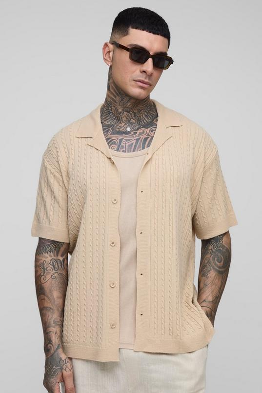 Tall Oversized Boxy Short Sleeve Revere Cable Knit Shirt by BOOHOOMAN