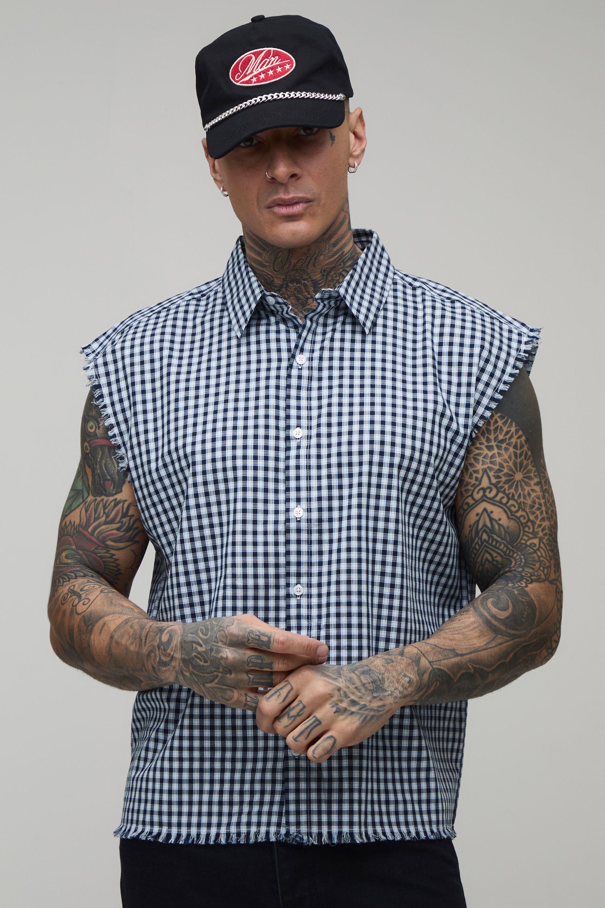 Tall Oversized Boxy Sleeveless Raw Seams Check Flannel Shirt by BOOHOOMAN