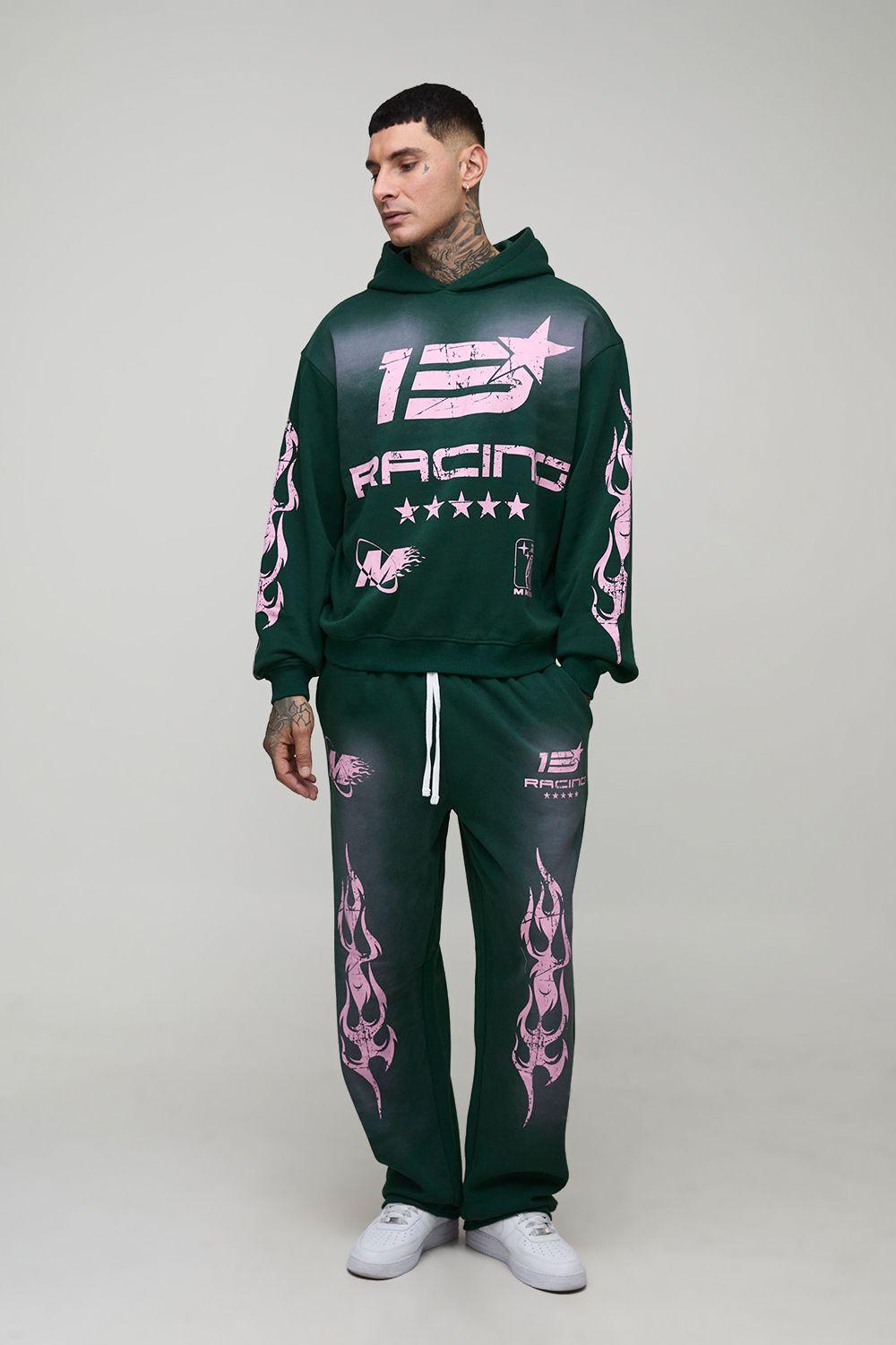 Tall Oversized Boxy Spray Wash Moto Print Hoodie & Baggy Jogger Tracksuit by BOOHOOMAN