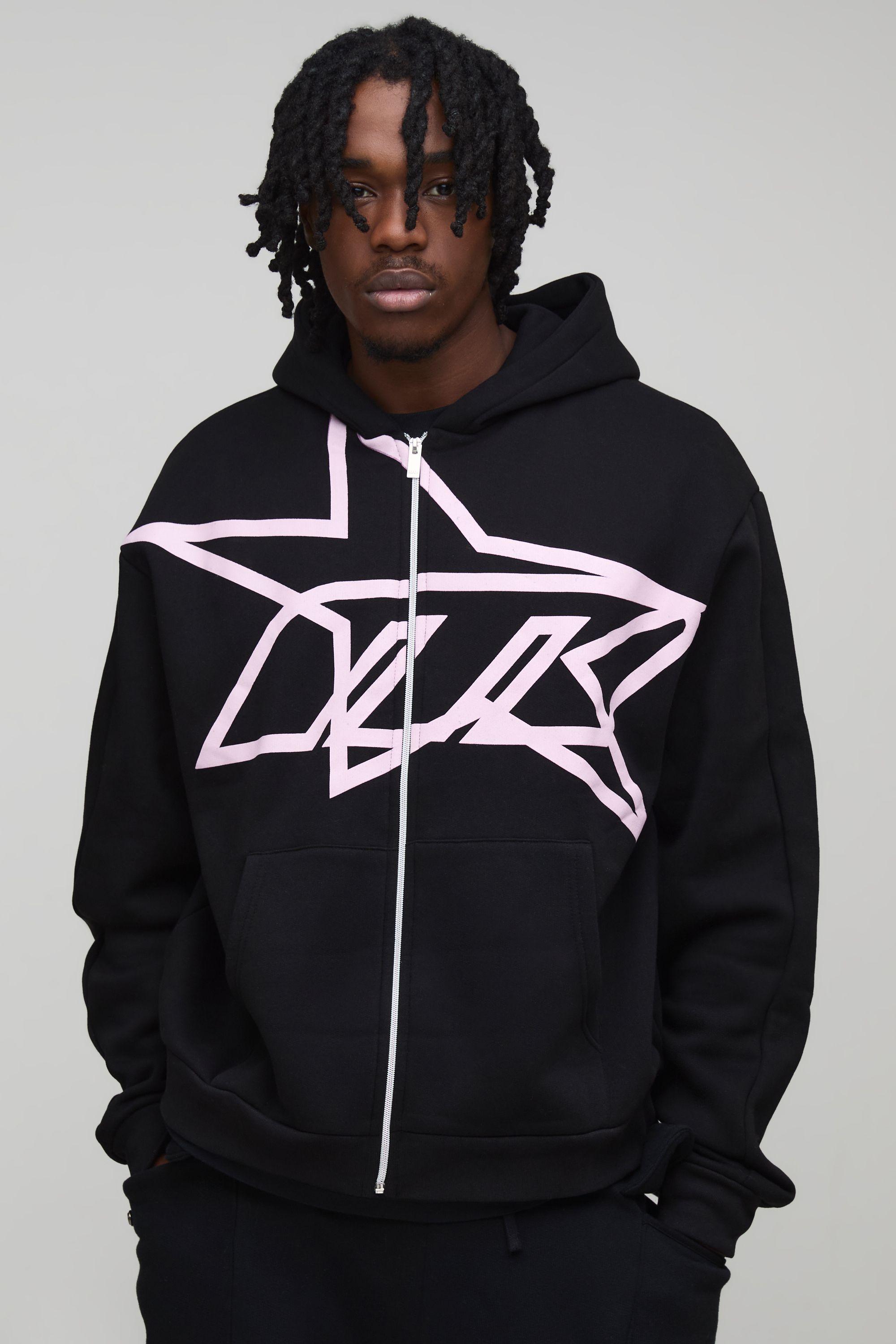 Tall Oversized Boxy Star Printed Zip Through Hoodie by BOOHOOMAN