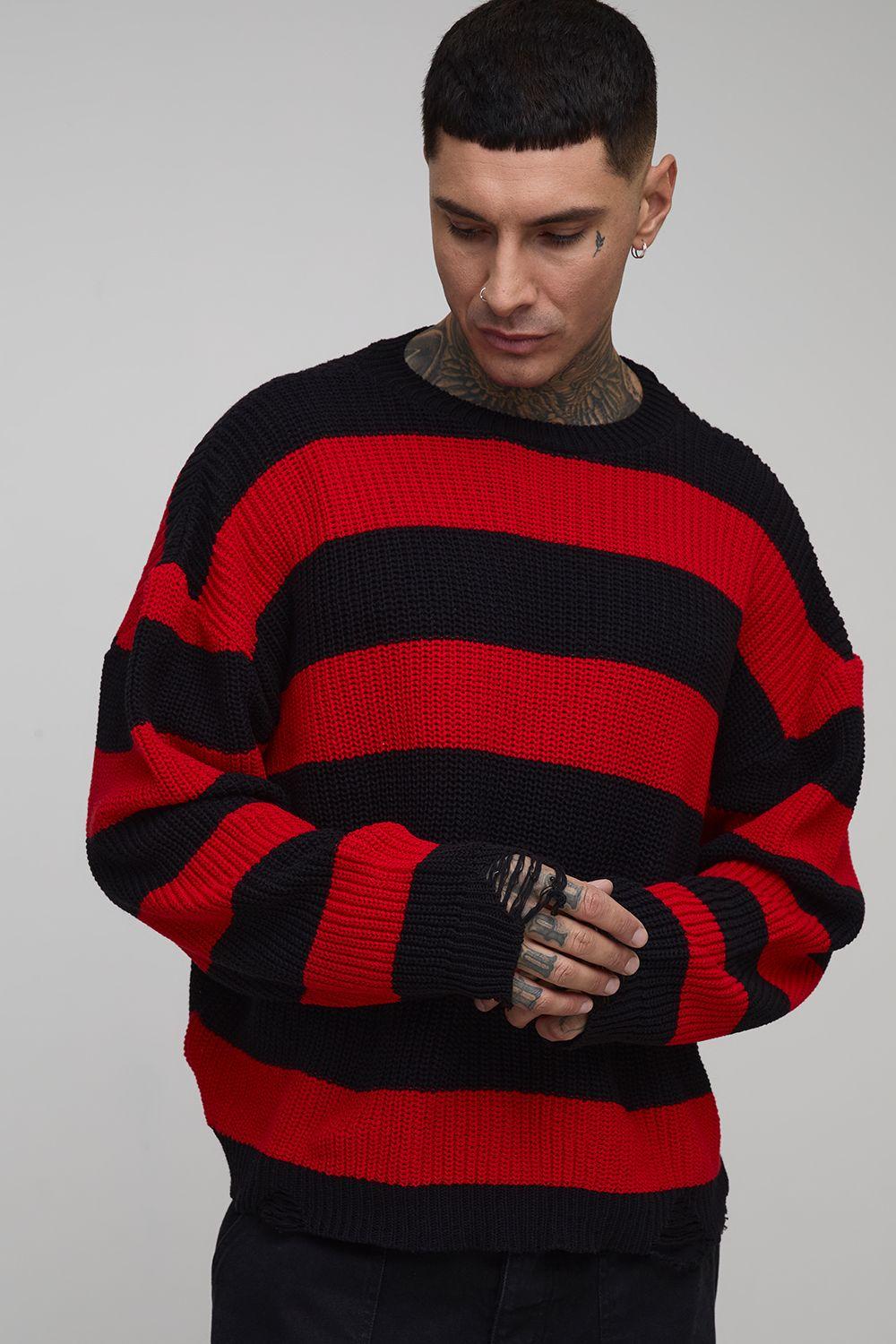 Tall Oversized Boxy Stripe Distressed Knitted Jumper by BOOHOOMAN