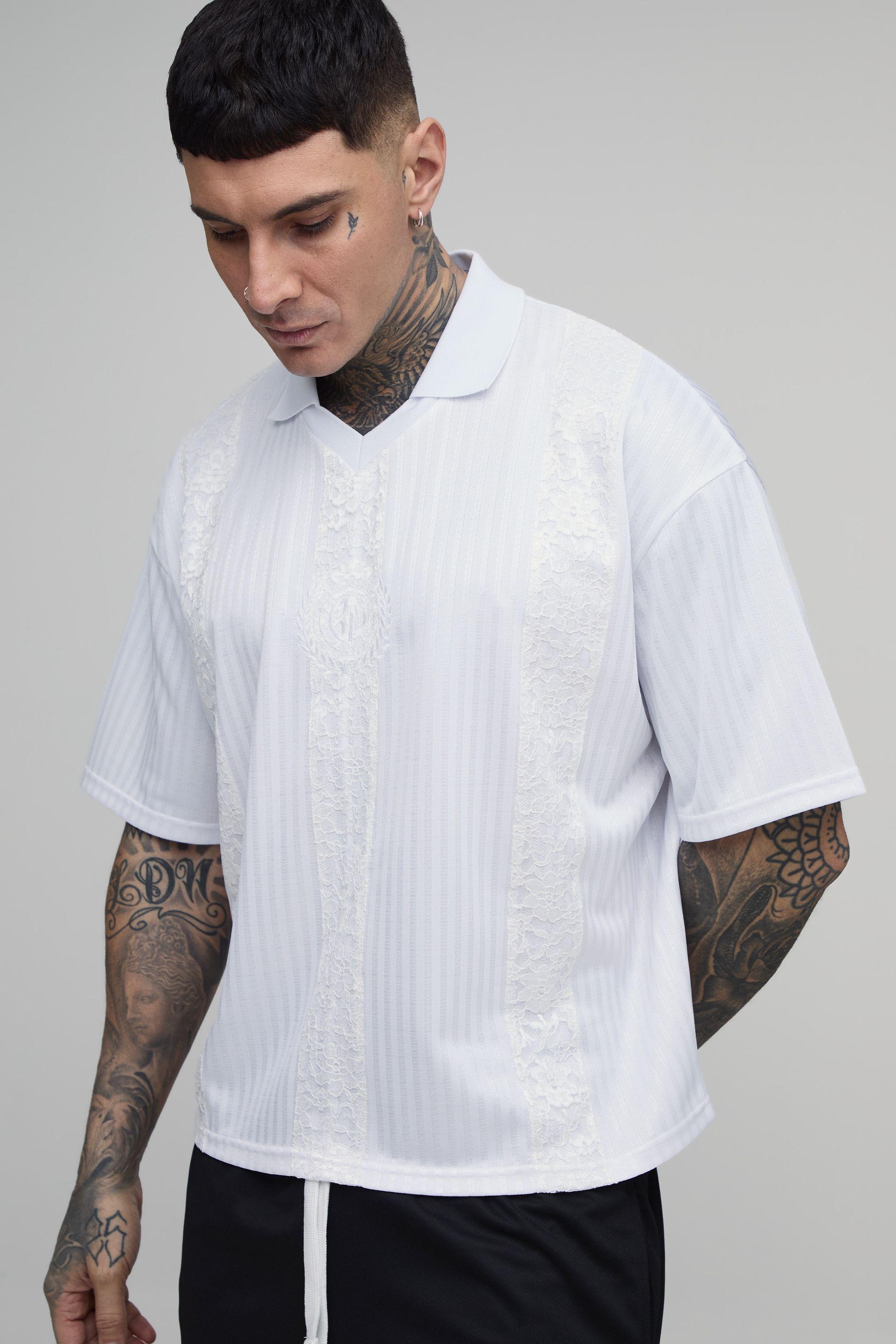 Tall Oversized Boxy Stripe with Lace Panel Football Top by BOOHOOMAN