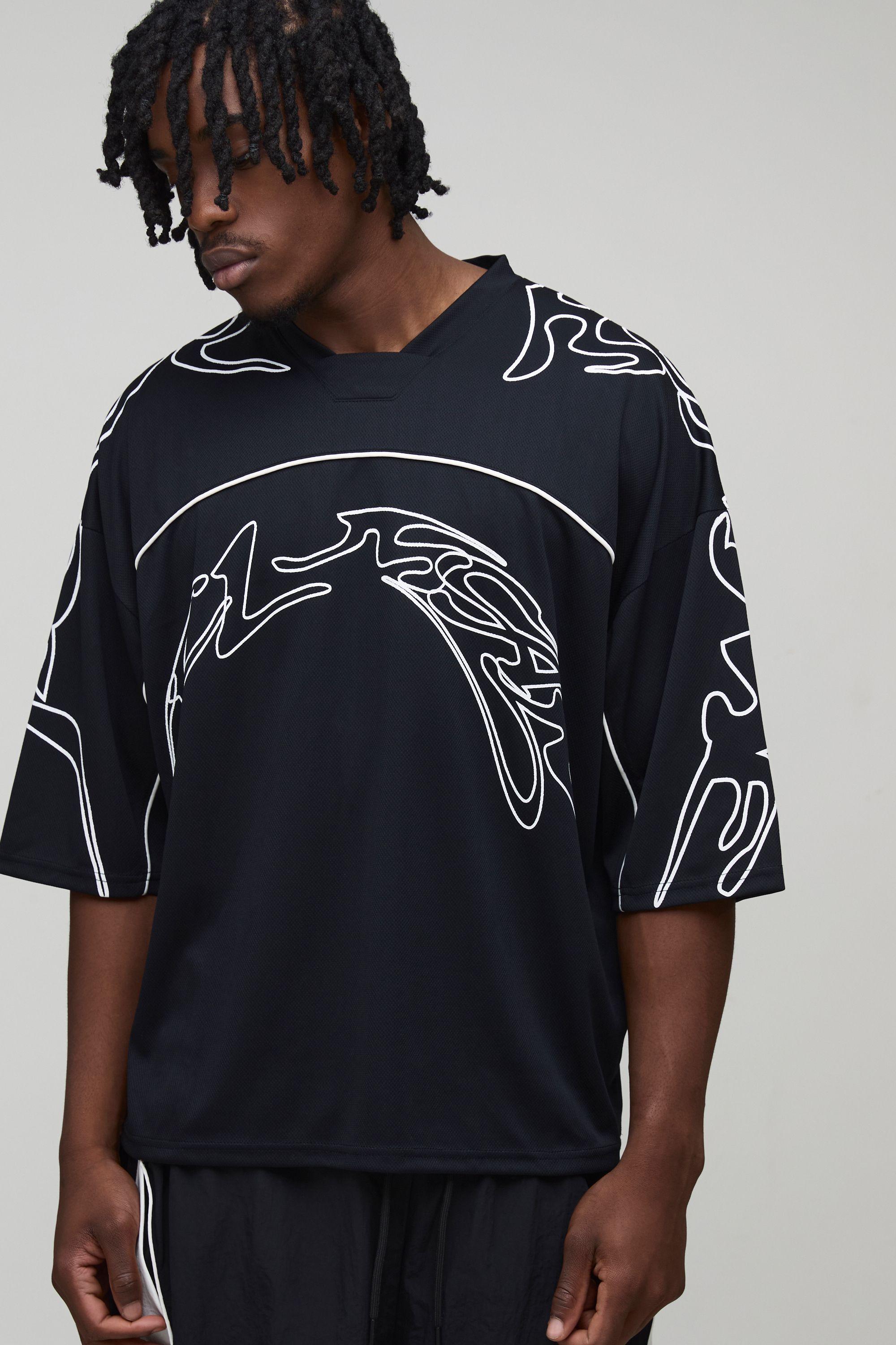 Tall Oversized Boxy V-Neck Baseball Graffiti Print Sports Top by BOOHOOMAN