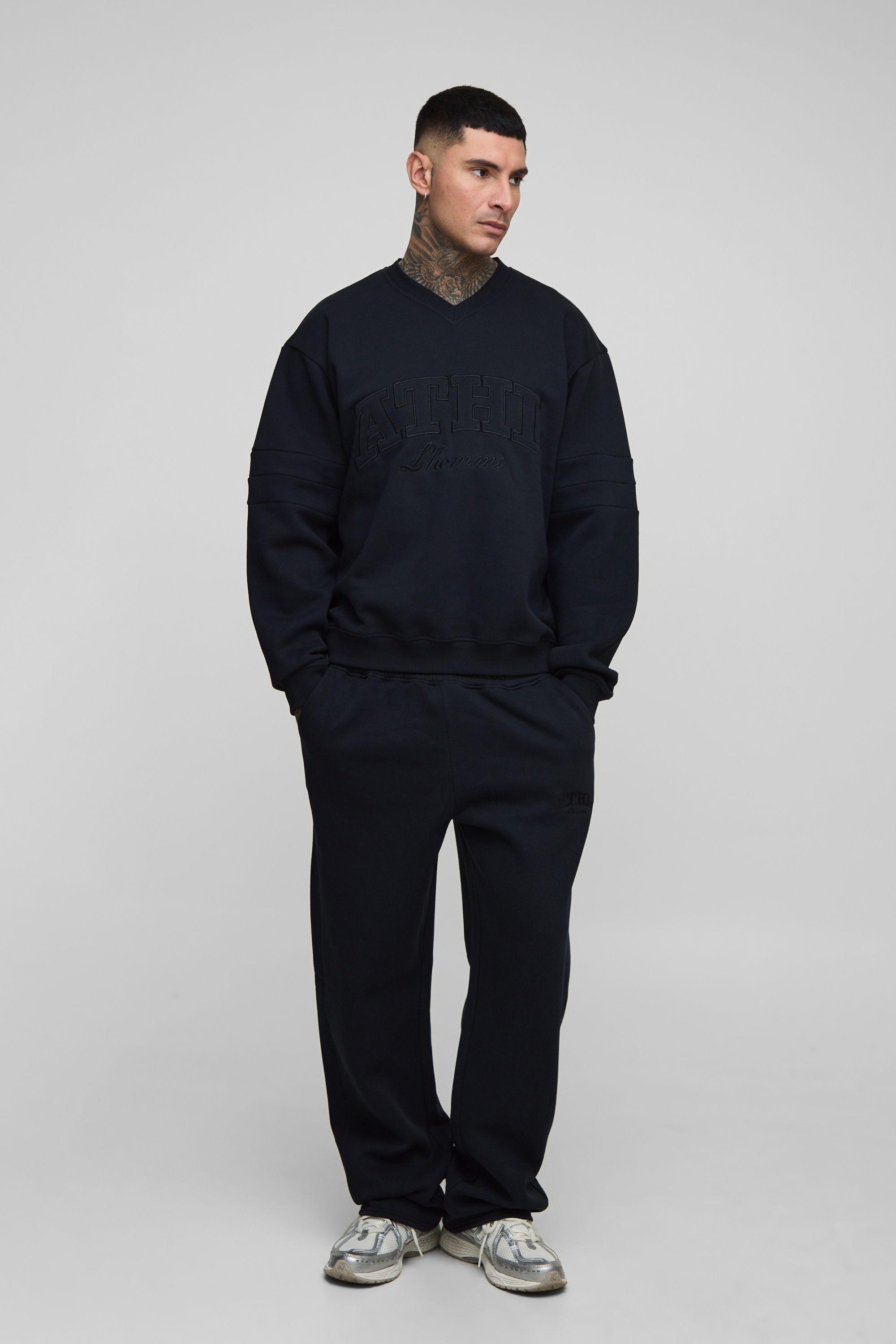 Tall Oversized Boxy V-Neck Varsity Applique Sweatshirt Tracksuit by BOOHOOMAN