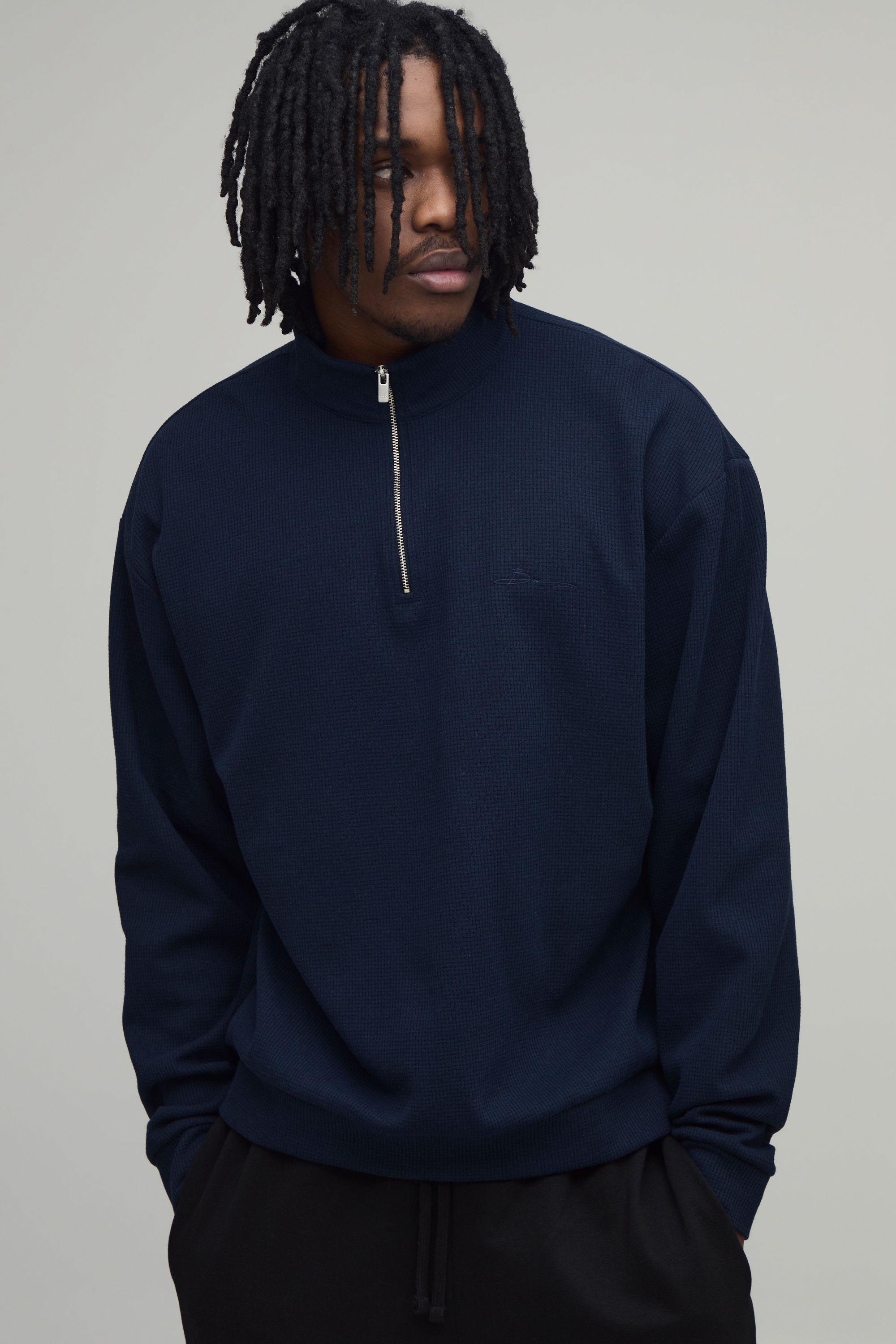 Tall Oversized Boxy Waffle Quarter Zip Sweatshirt by BOOHOOMAN
