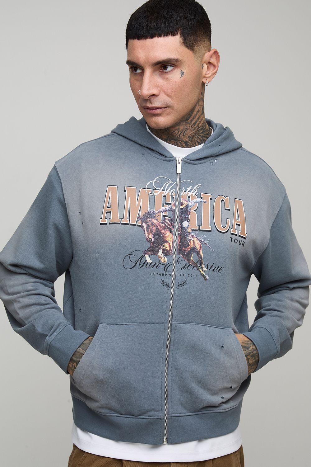 Tall Oversized Boxy Western Graphic Spray Wash Zip Thru Distressed Hoodie by BOOHOOMAN Tall Oversized Boxy Western Graphic Spray Wash Zip Thru Distressed Hoodie by BOOHOOMAN