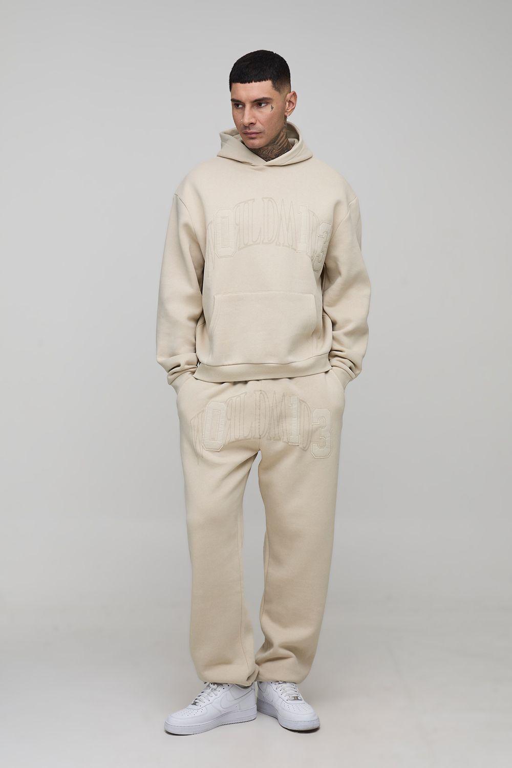 Tall Oversized Boxy Worldwide Applique Hoodie & Baggy Fit Jogger Tracksuit by BOOHOOMAN