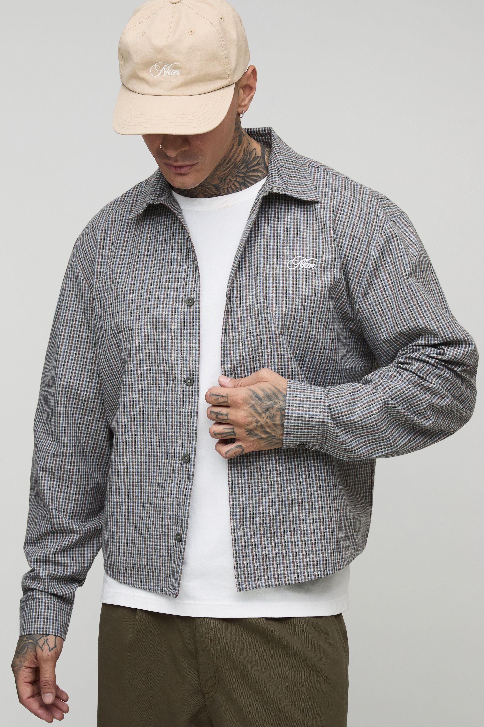 Tall Oversized Boxy Worldwide Print Micro Check Shirt by BOOHOOMAN