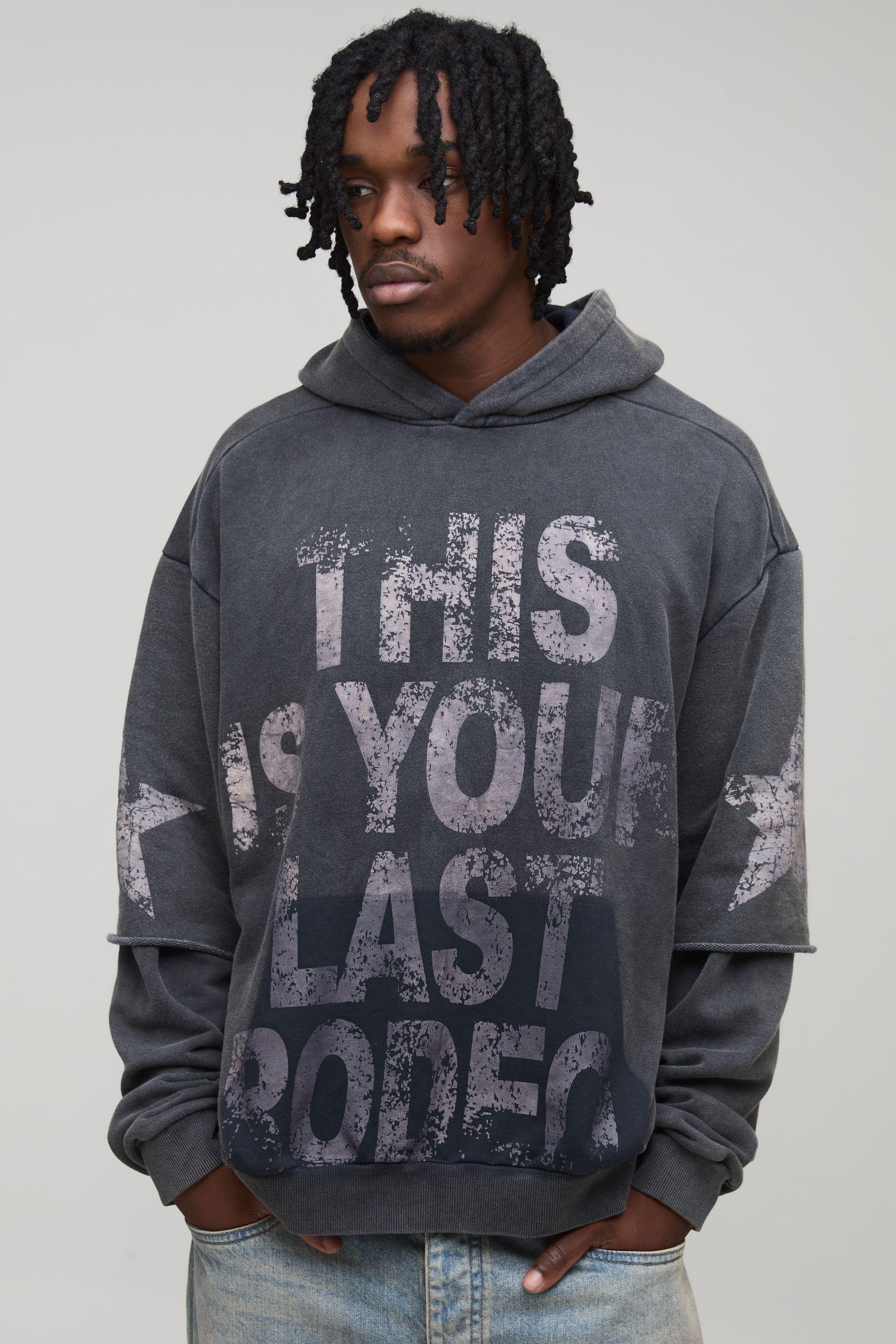 Tall Oversized Boxy Your Last Rodeo Printed Washed Hoodie by BOOHOOMAN