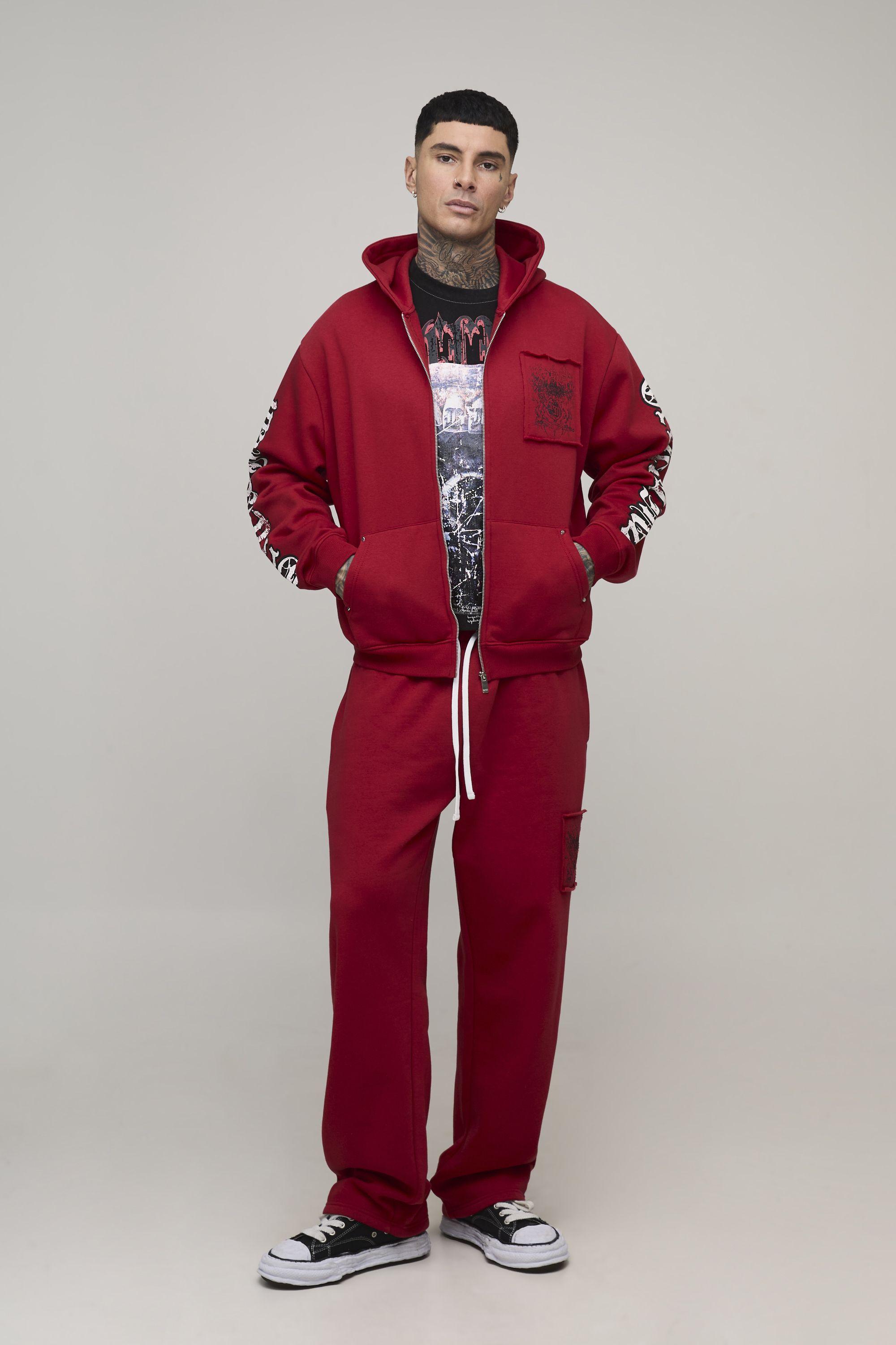 Tall Oversized Boxy Zip Through Rhinestone Applique Gothic Print Hoodie & Baggy Jogger Tracksuit by BOOHOOMAN