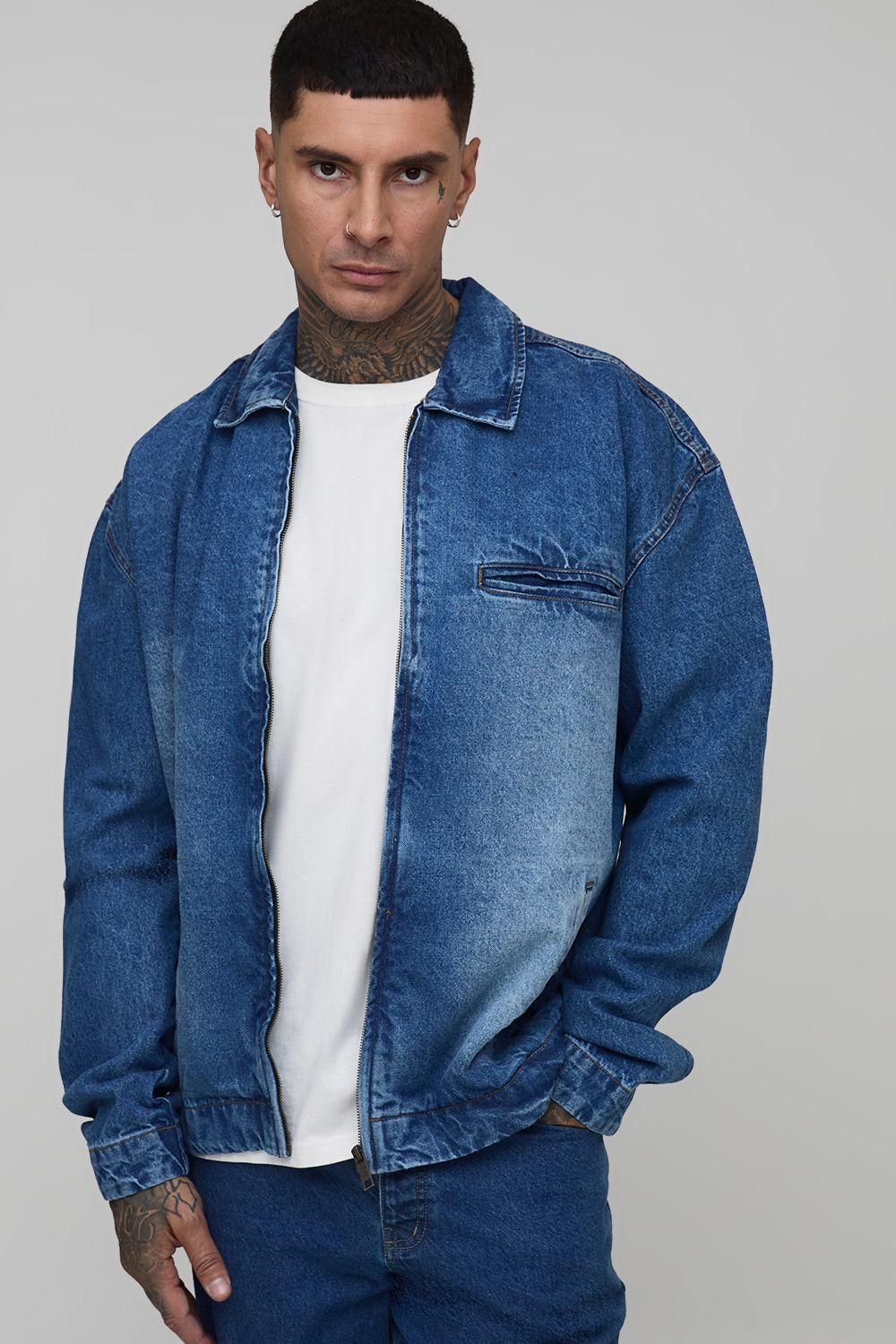 Tall Oversized Boxy Zip Up Denim Overshirt by BOOHOOMAN