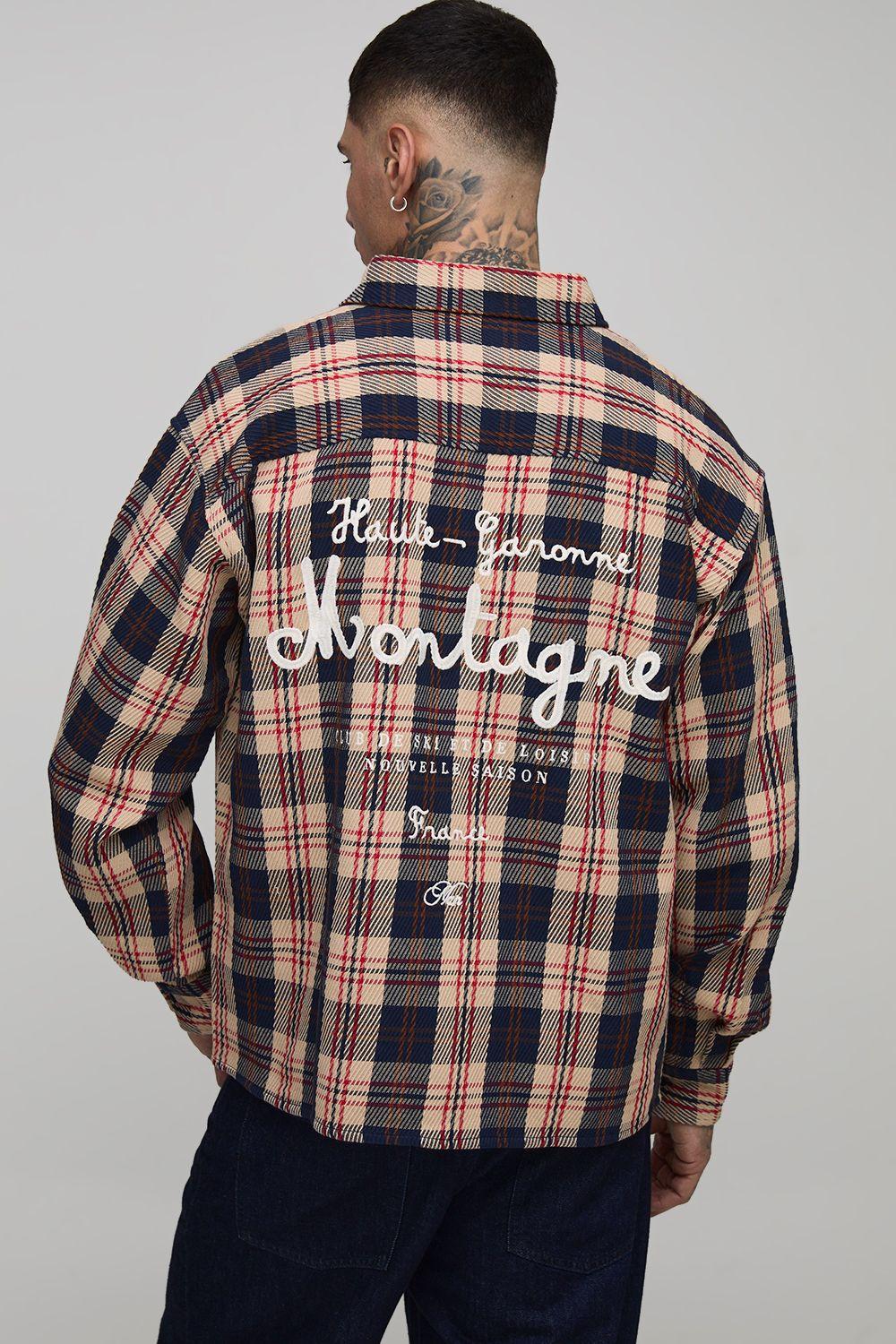 Tall Oversized Club De Ski Embroidered Ribbed Check Overshirt by BOOHOOMAN