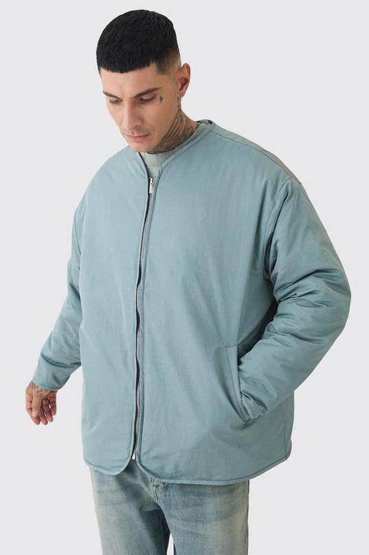 Tall Oversized Collarless Padded Bomber Jacket In Slate by BOOHOOMAN