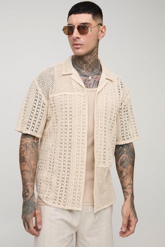 Tall Oversized Crochet Panel Revere Shirt by BOOHOOMAN
