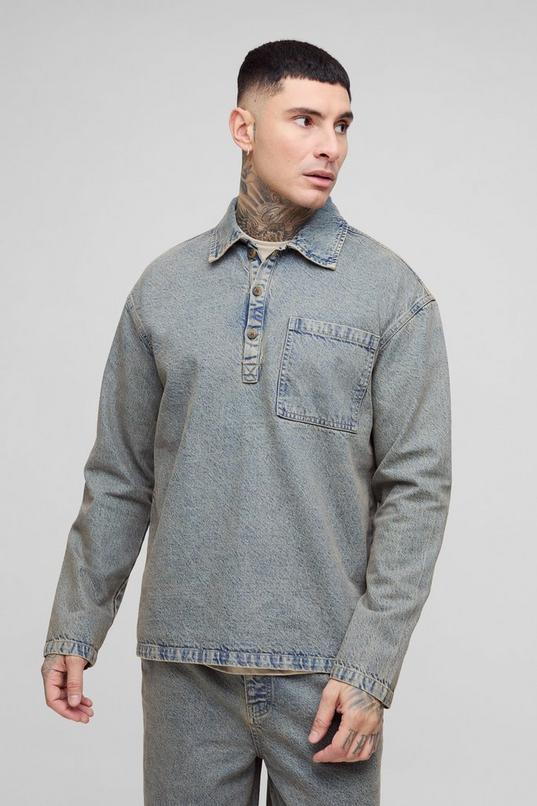 Tall Oversized Denim Rugby Shirt by BOOHOOMAN