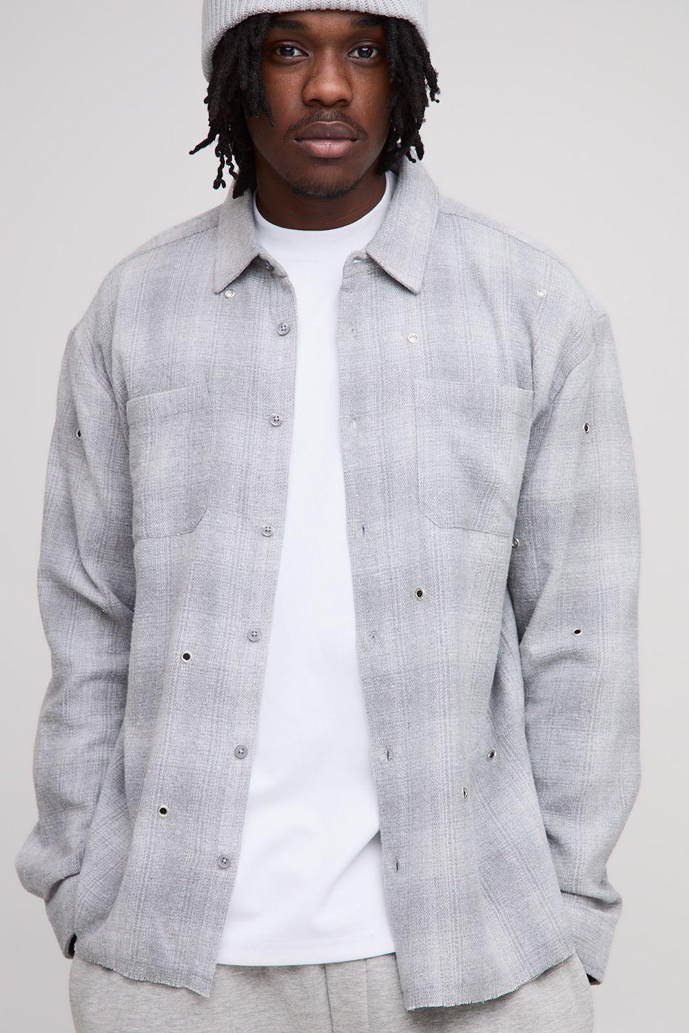 Tall Oversized Distressed Hardware Detail Flannel Check Shirt by BOOHOOMAN