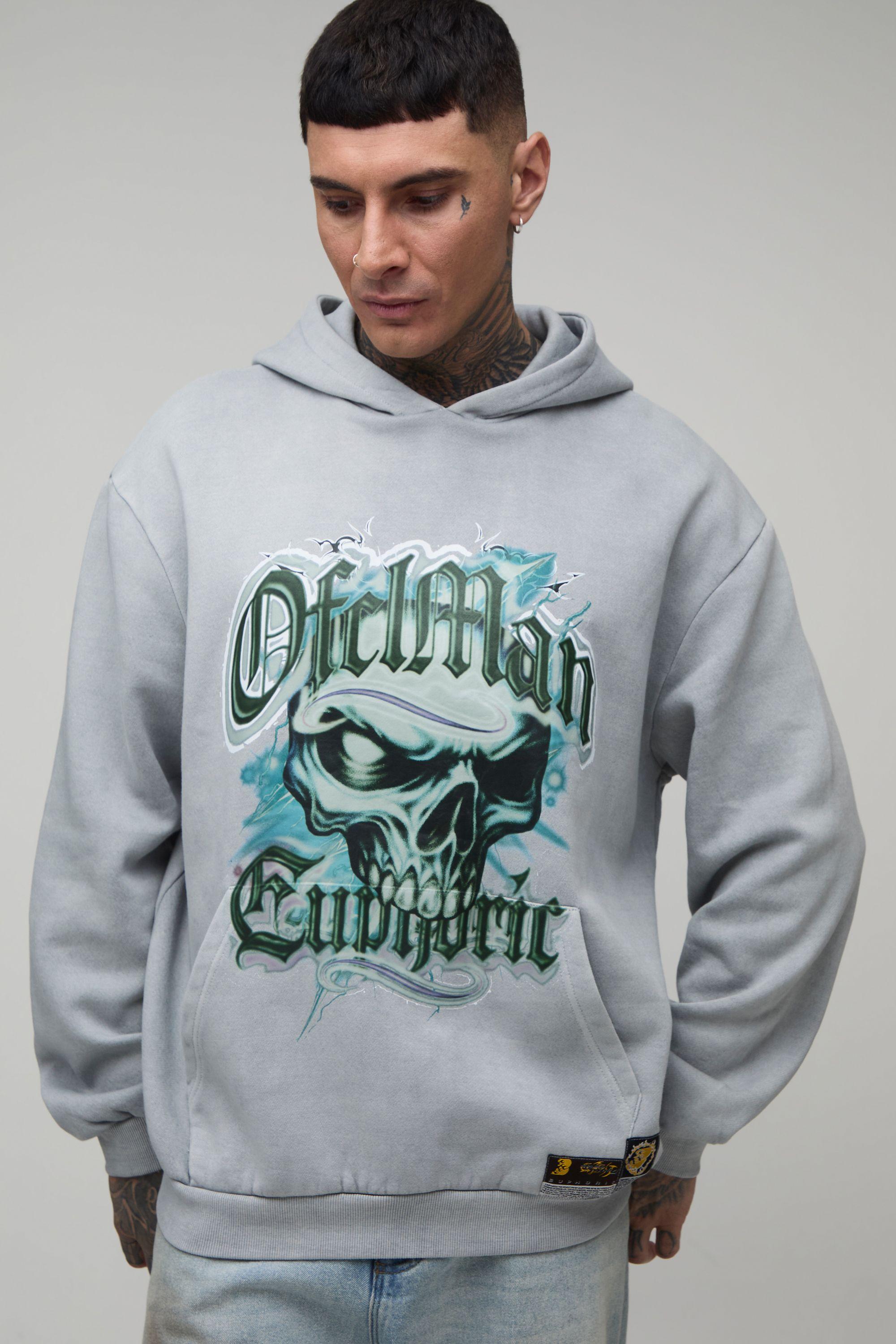 Tall Oversized Euphoric Skull Graphic Washed Hoodie by BOOHOOMAN