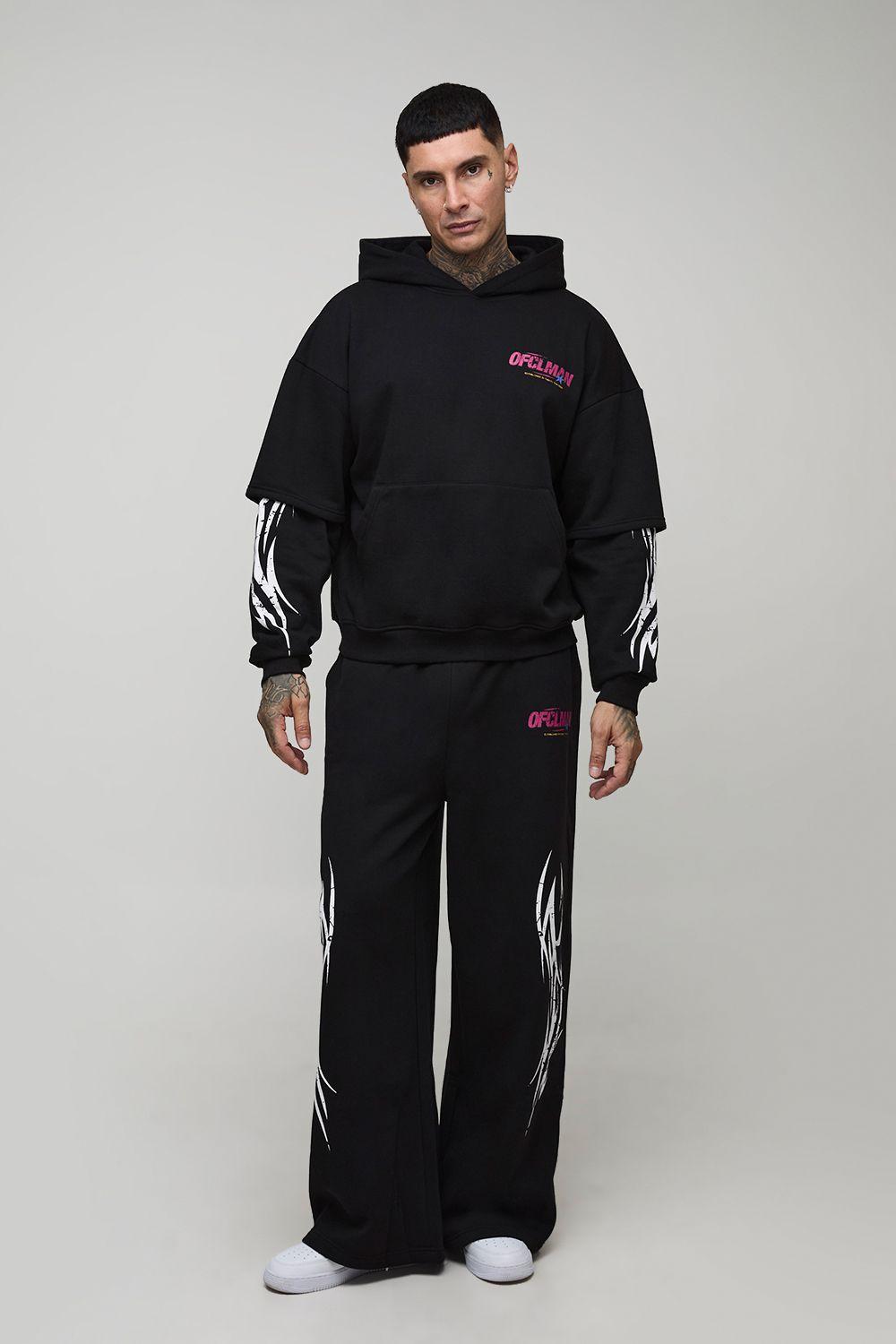 Tall Oversized Faux Layer Moto Print Hoodie & Extreme Wide Leg Jogger Tracksuit by BOOHOOMAN