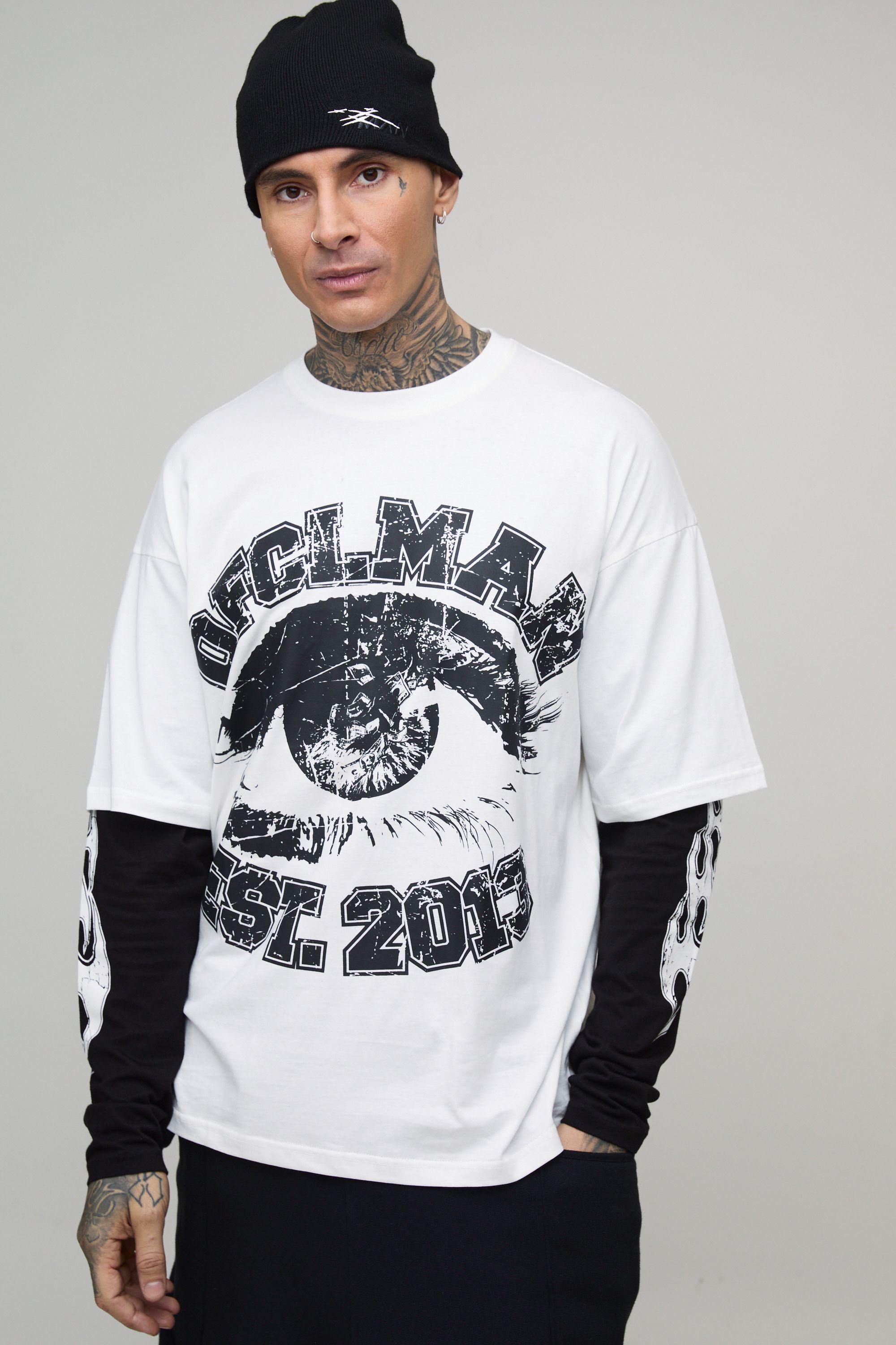Tall Oversized Faux Layer Ofcl Man Varsity Printed Long Sleeve T-Shirt by BOOHOOMAN