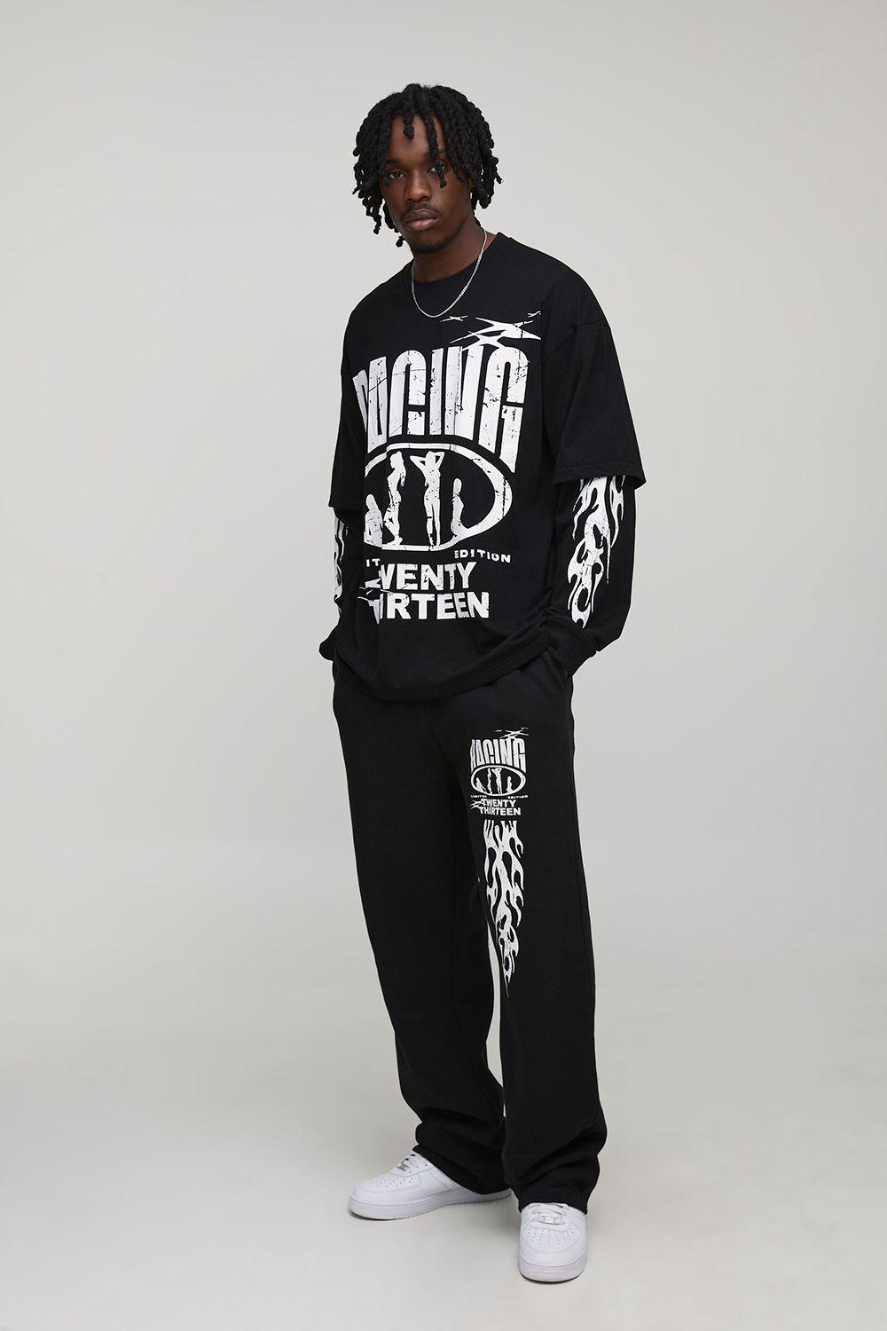 Tall Oversized Faux Layer Racing Print T-Shirt & Baggy Flat Knit Drawcord Jogger Tracksuit by BOOHOOMAN