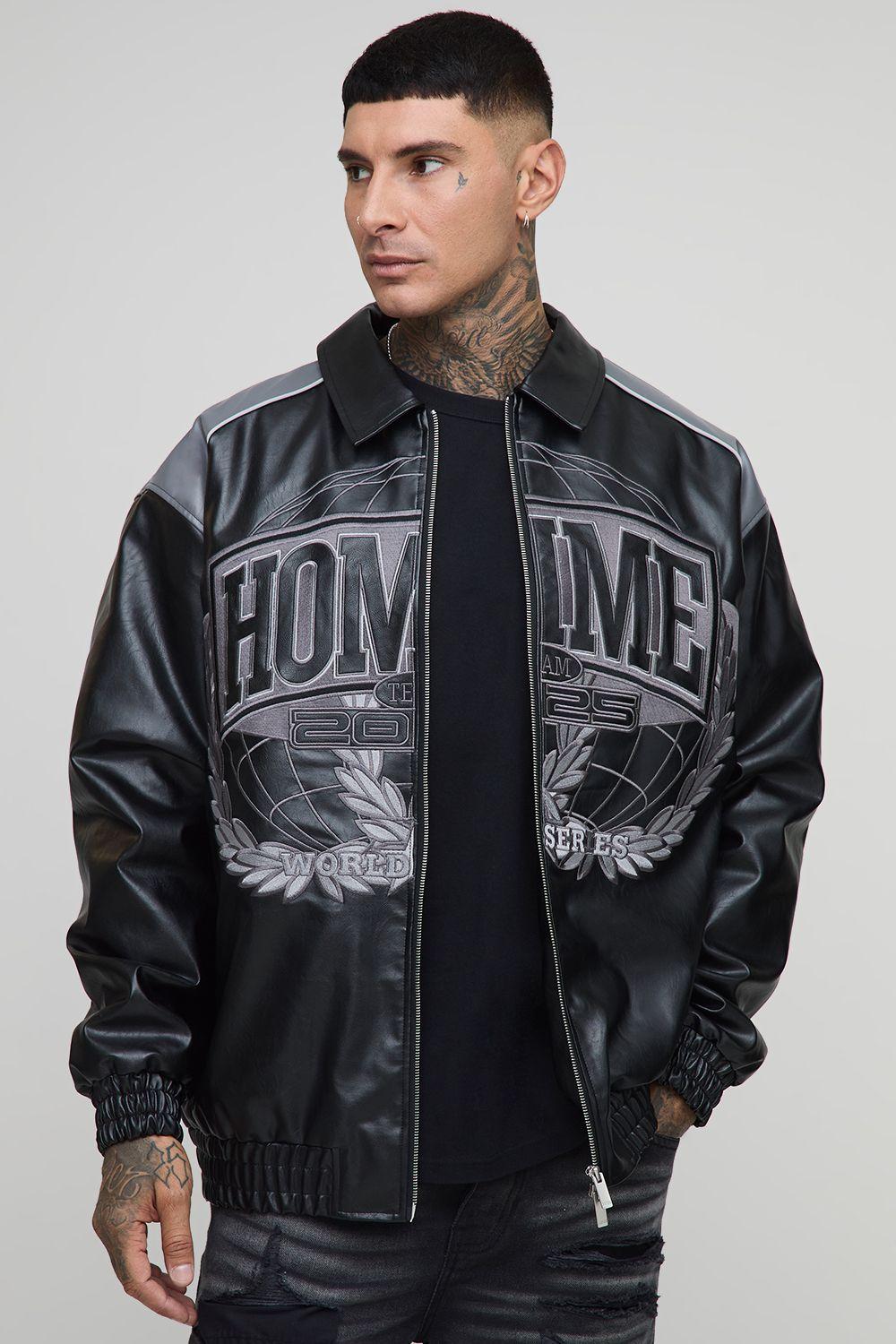 Tall Oversized Fit Homme Applique PU Collared Bomber Jacket by BOOHOOMAN