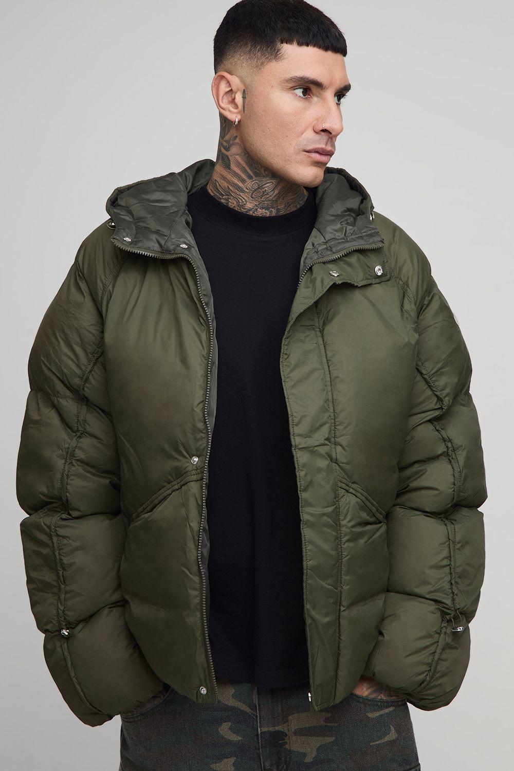 Tall Oversized Fit Ruched Sleeve Panelled Puffer Jacket by BOOHOOMAN