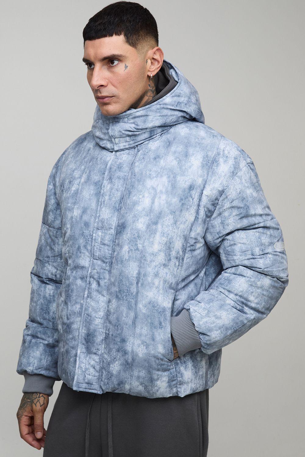 Tall Oversized Fit Washed Nylon Hooded Funnel Neck Duvet Puffer Jacket by BOOHOOMAN