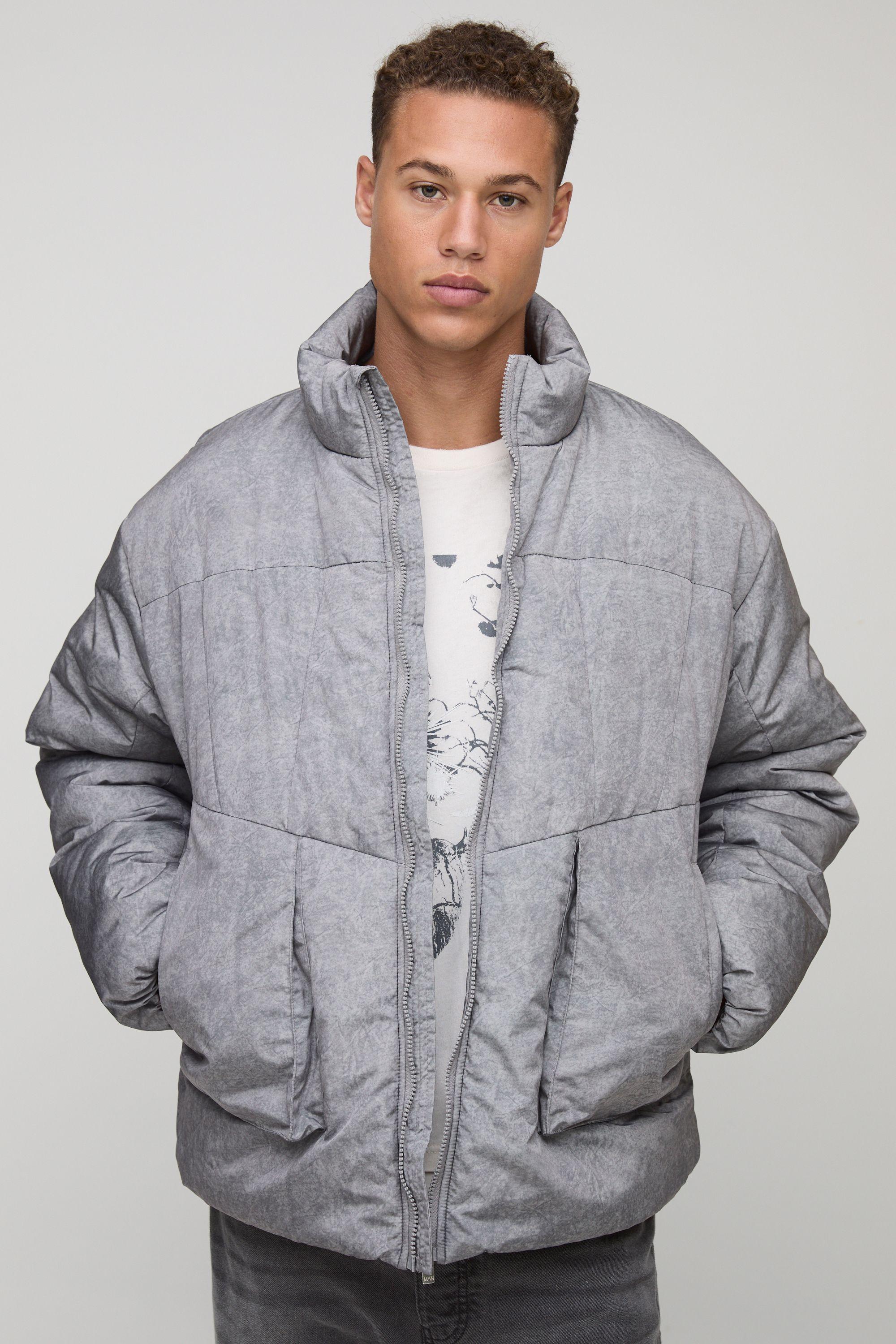 Tall Oversized Fit Washed Nylon Padded Funnel Neck Puffer Jacket by BOOHOOMAN