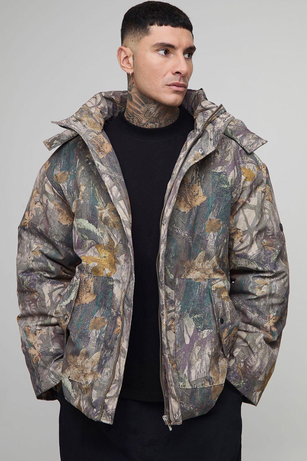 Tall Oversized Forest Camo Hooded Funnel Neck Puffer Jacket by BOOHOOMAN