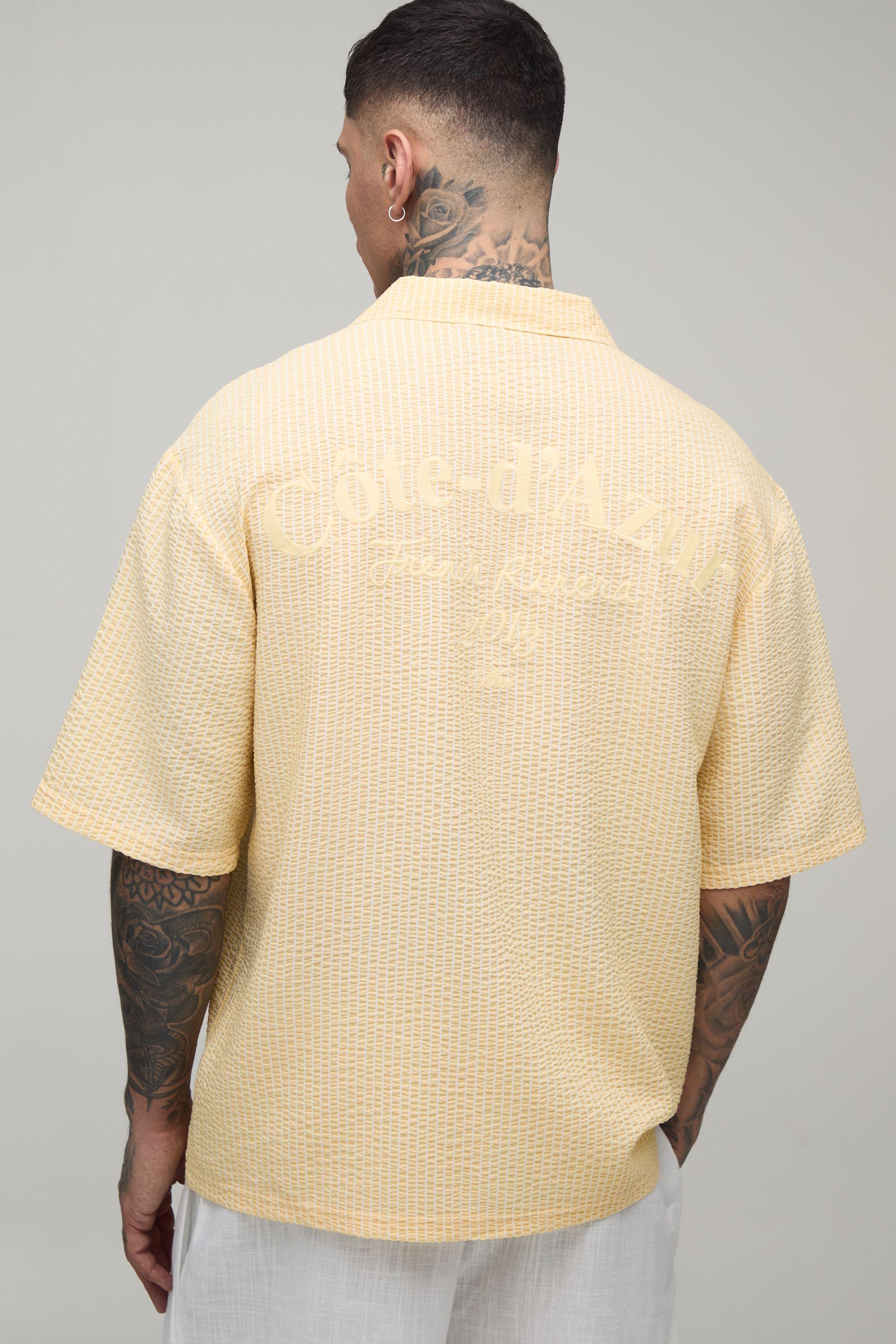 Tall Oversized French Riviera Embroidered Seersucker Half Sleeve Shirt by BOOHOOMAN