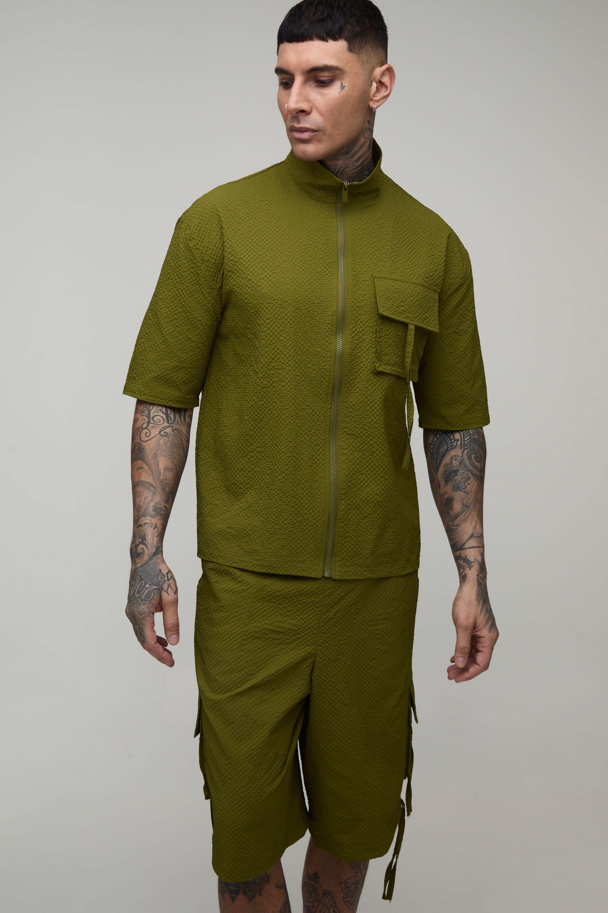 Tall Oversized Funnel Neck Textured Ripstop Cargo Shirt & Longline Short Set by BOOHOOMAN