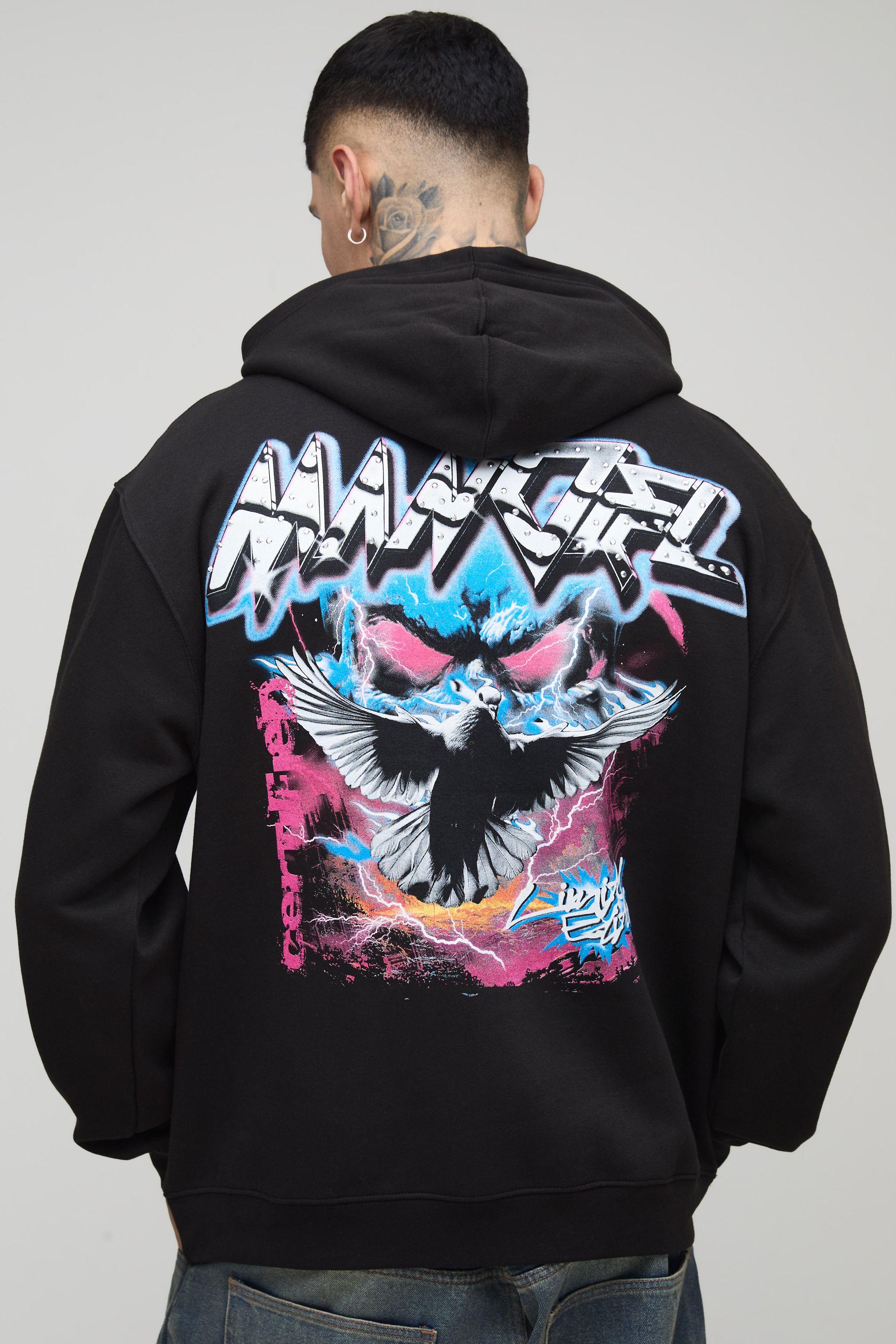 Tall Oversized Gothic Dove Rhinestone Graphic Hoodie by BOOHOOMAN