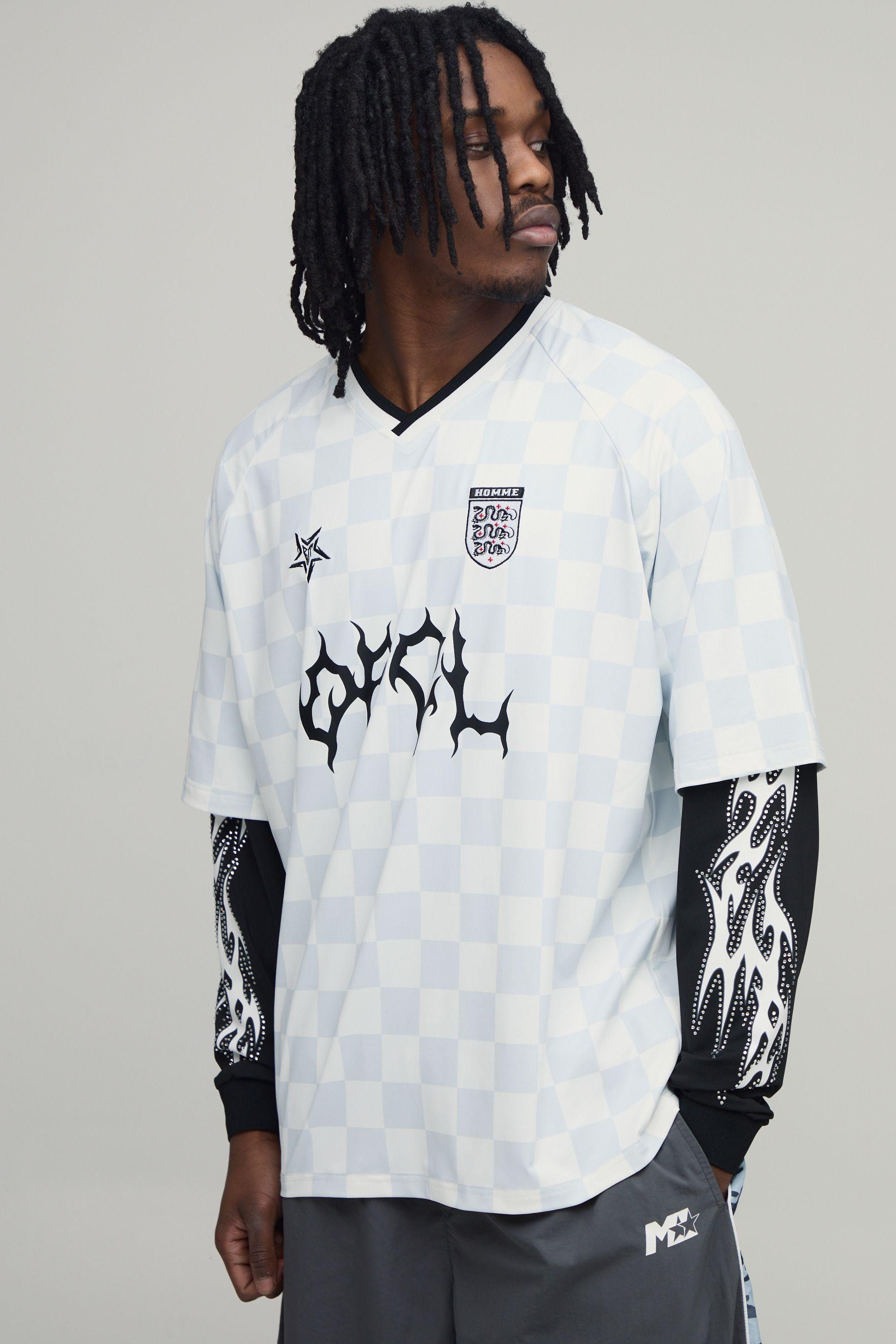 Tall Oversized Grunge Varsity Rhinestone Checkboard Mesh Faux T-Shirt by BOOHOOMAN