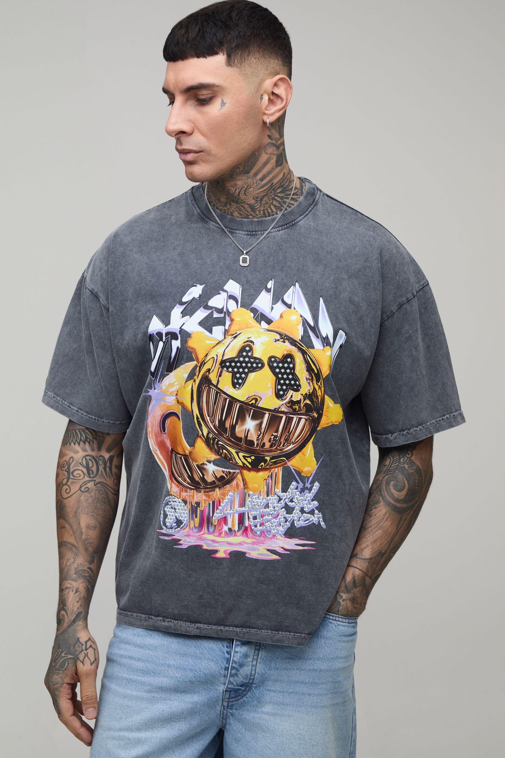 Tall Oversized Heavyweight Face Graphic Washed T-Shirt by BOOHOOMAN
