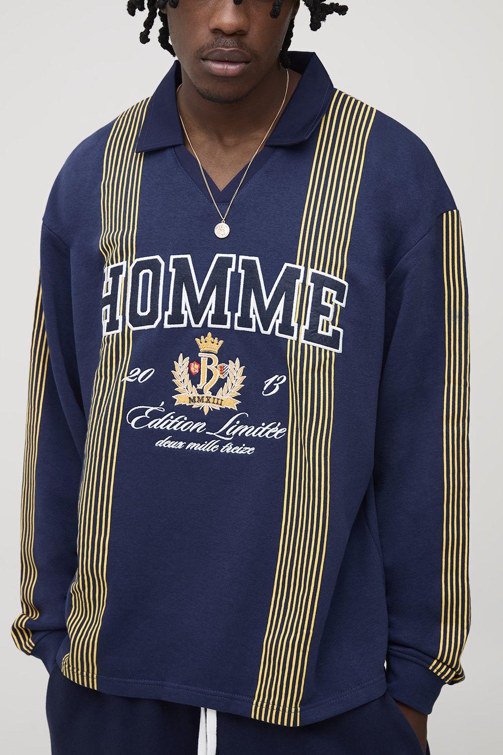 Tall Oversized Homme Applique Stripe Rugby Polo by BOOHOOMAN