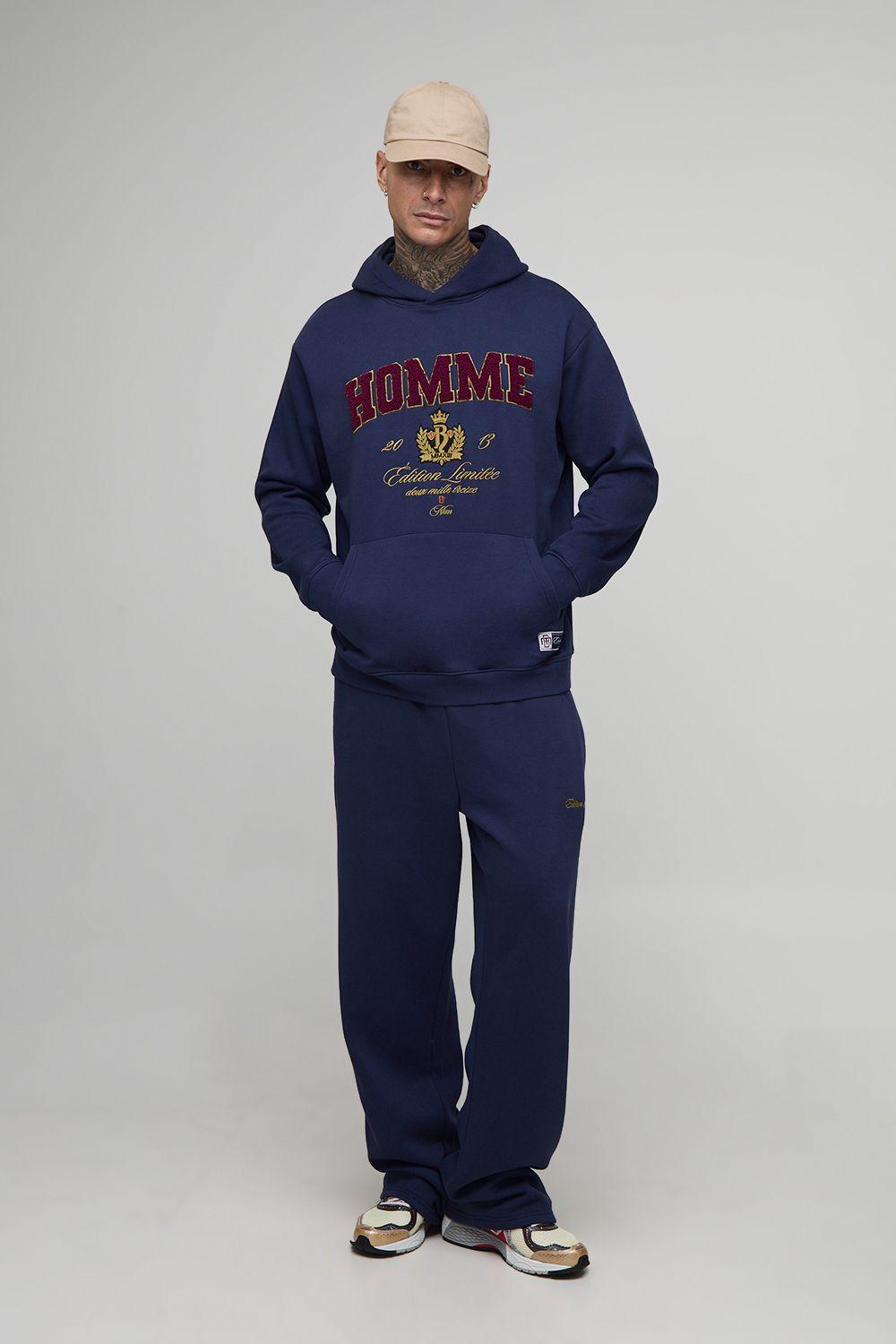 Tall Oversized Homme Varsity Applique Hooded Tracksuit by BOOHOOMAN