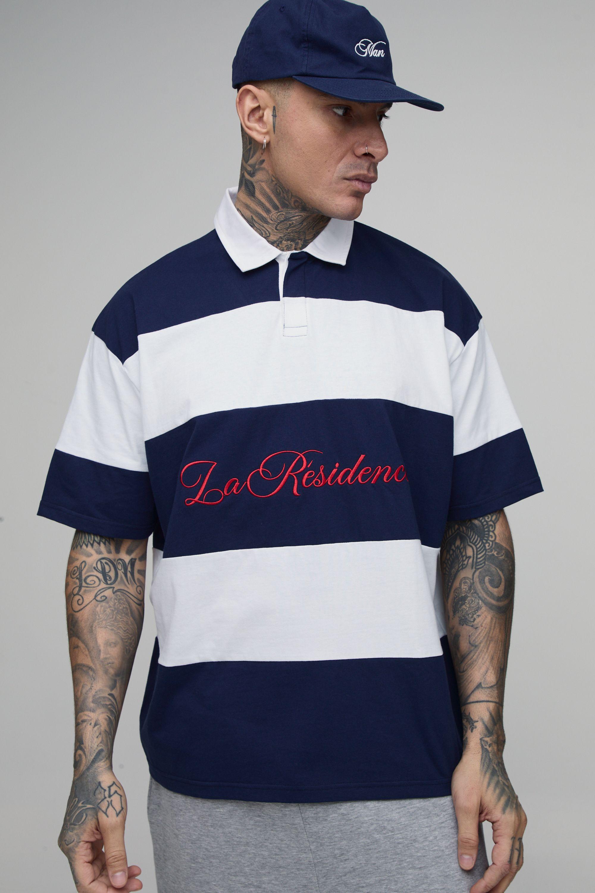 Tall Oversized La Residence Embroidered Stripe Rugby Polo by BOOHOOMAN