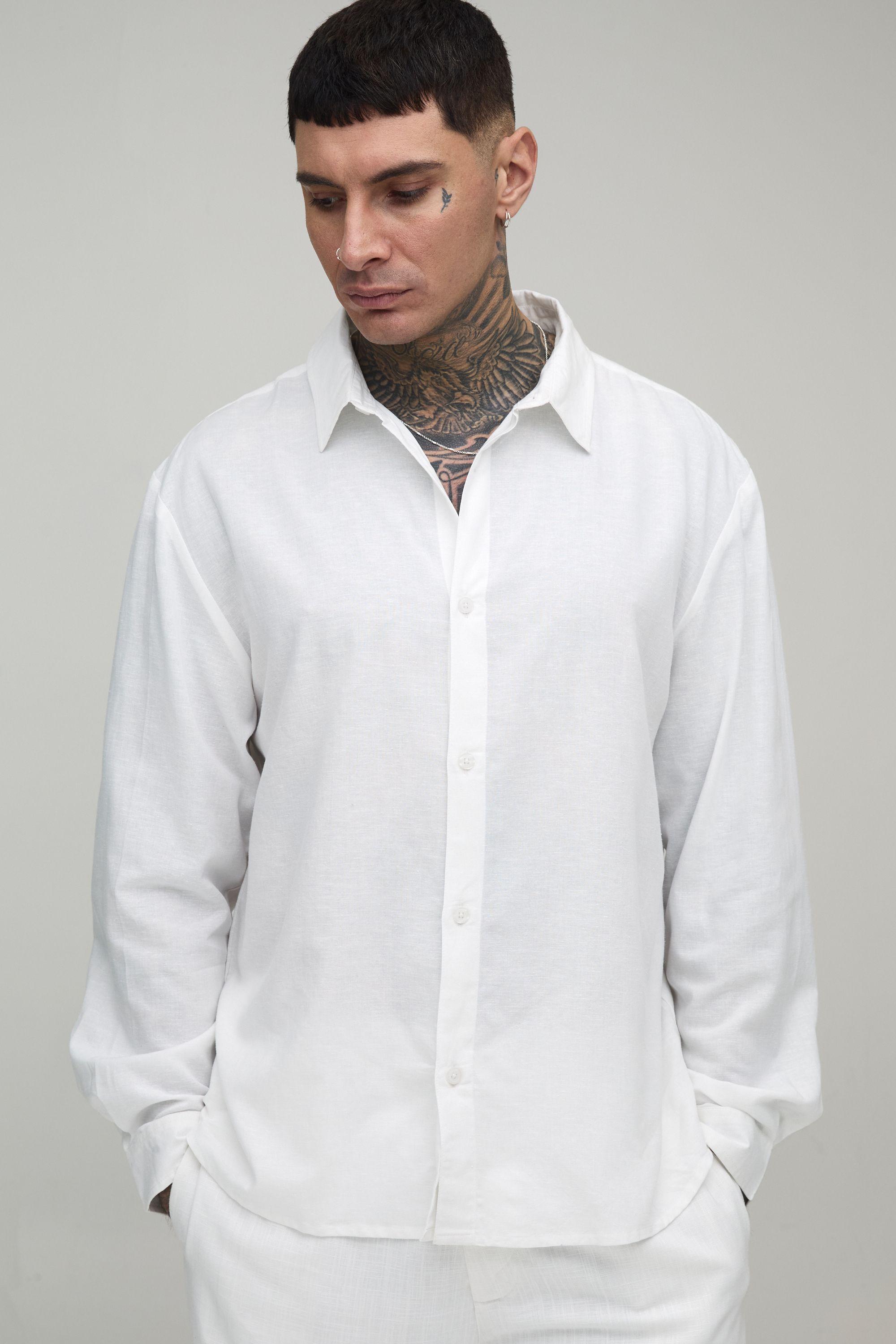Tall Oversized Long Sleeve Linen Blend Shirt by BOOHOOMAN
