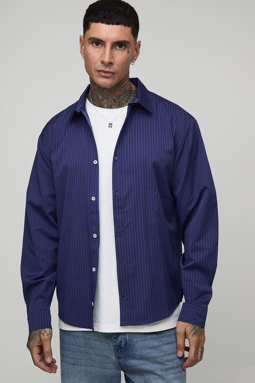 Tall Oversized Long Sleeve Striped Curved Hem Shirt by BOOHOOMAN