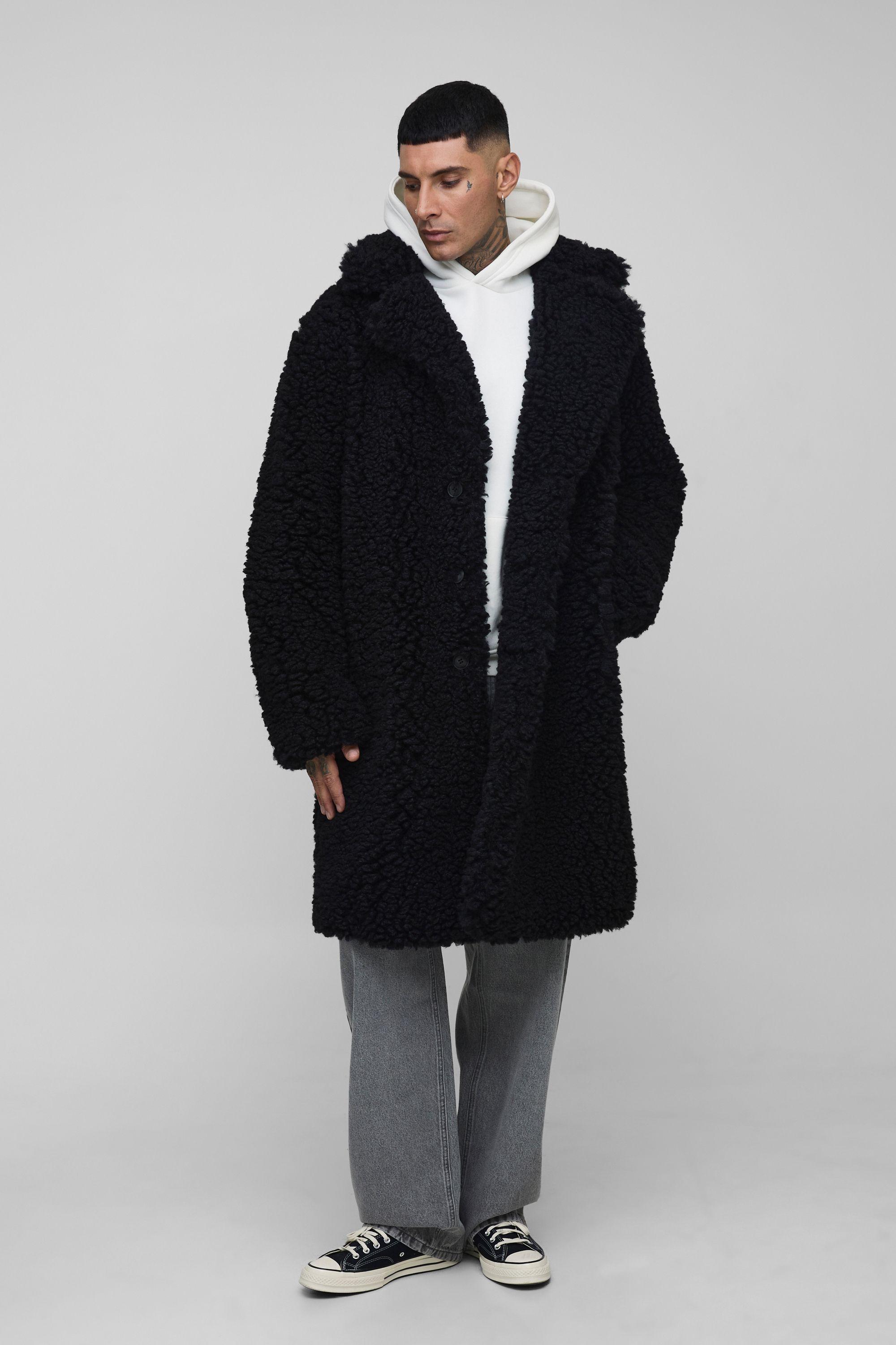 Tall Oversized Longline Borg Overcoat In Black by BOOHOOMAN