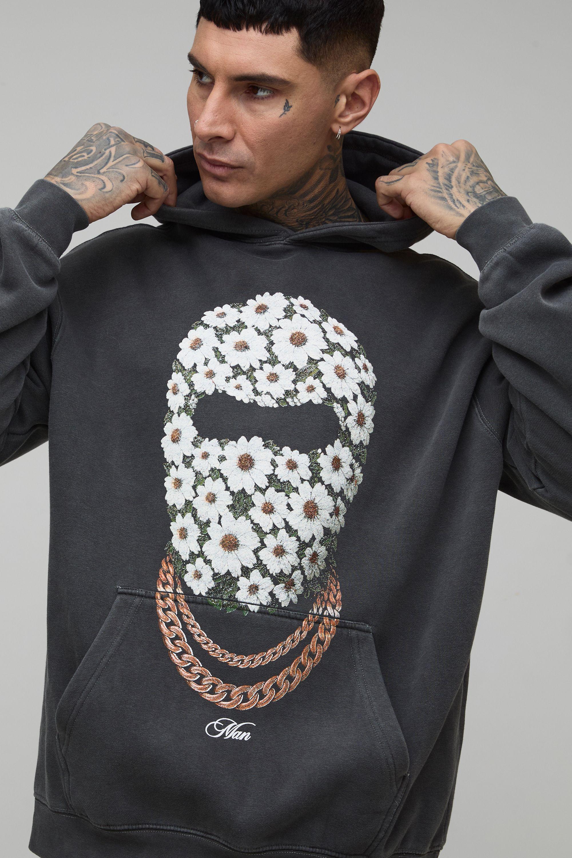 Tall Oversized Man Daisy Ski Mask Washed Printed Hoodie by BOOHOOMAN