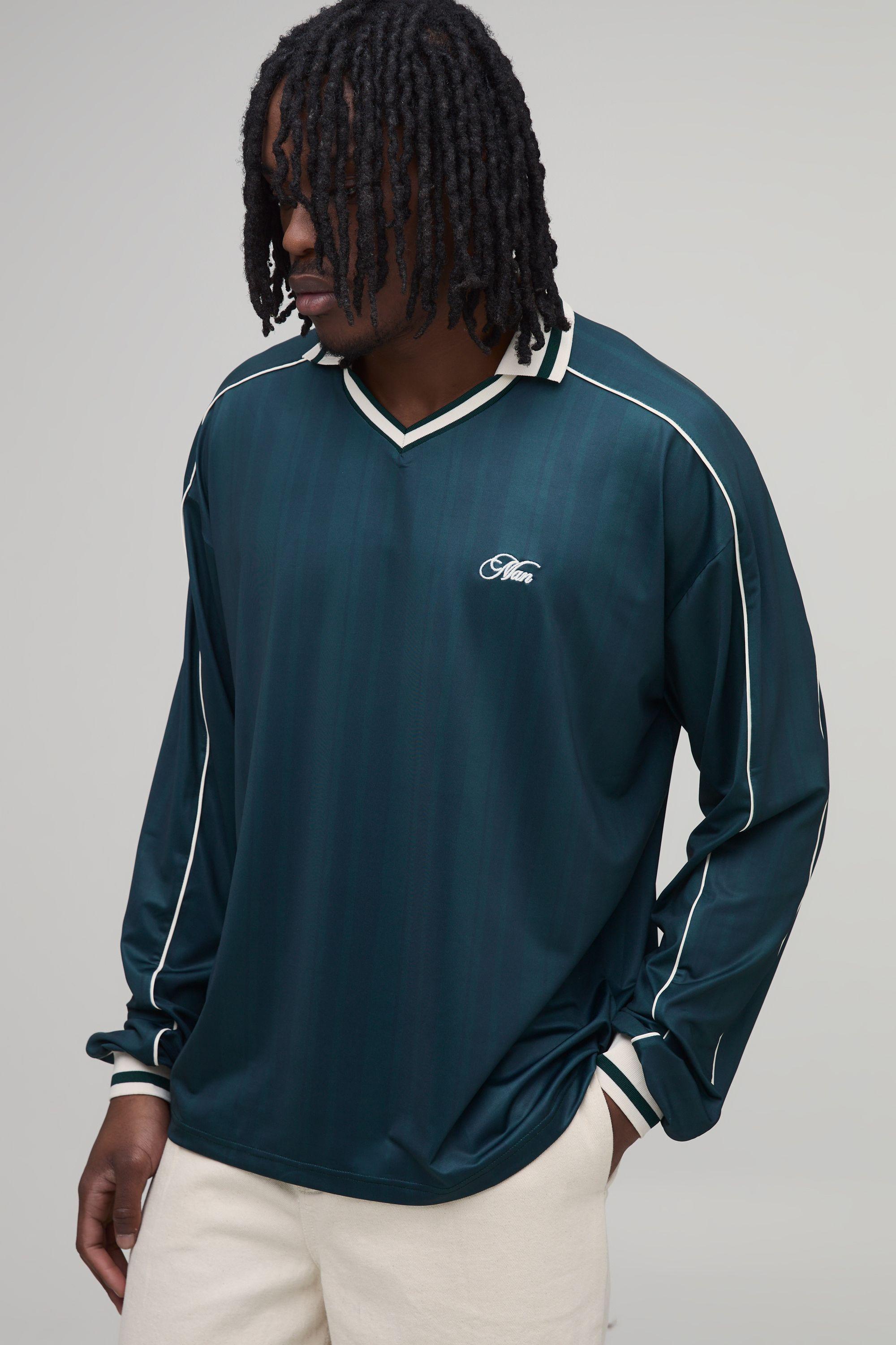 Tall Oversized Man Embroidered Piped Long Sleeve Football Top by BOOHOOMAN