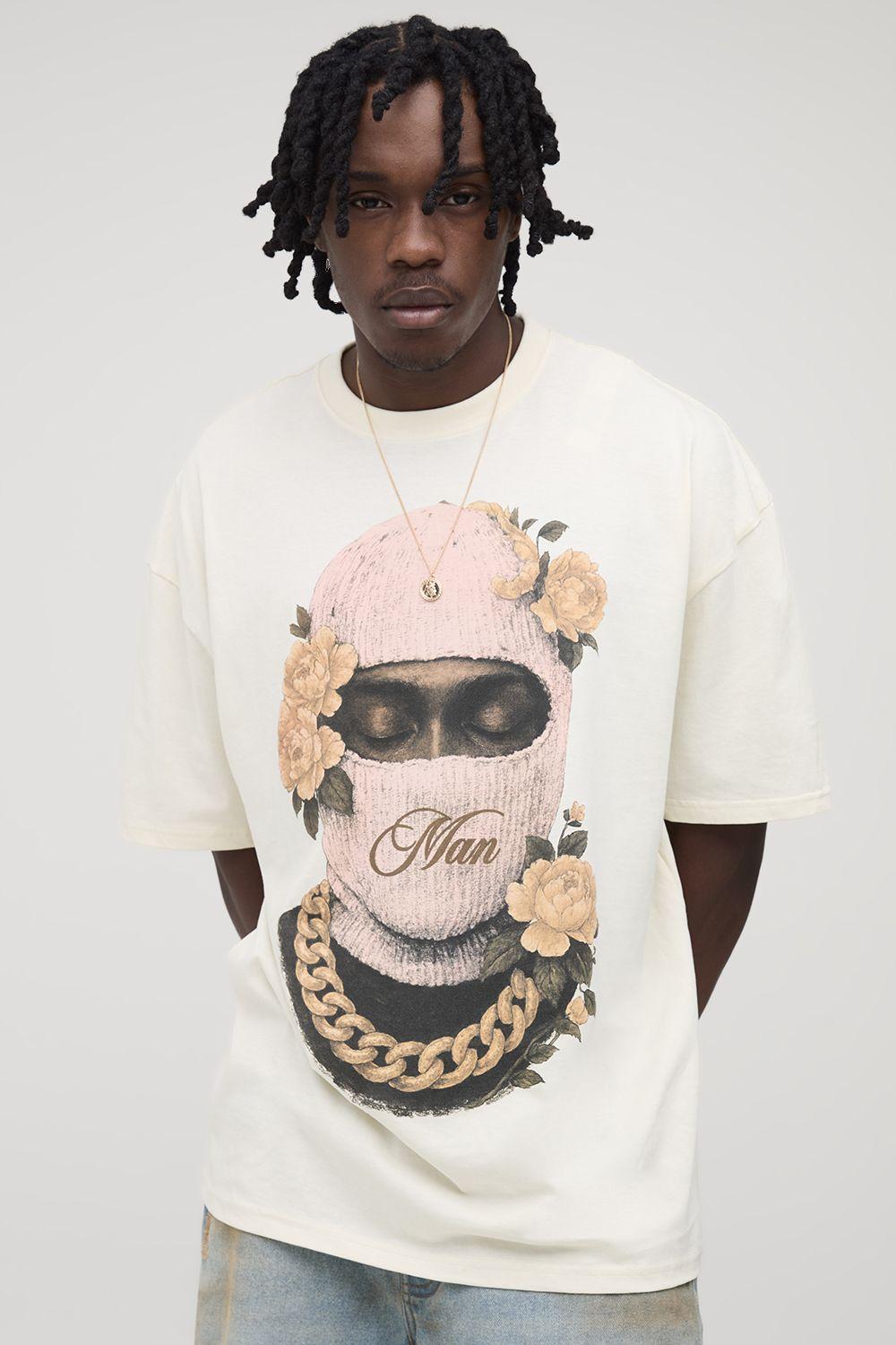 Tall Oversized Man Floral Ski Mask Print T-Shirt by BOOHOOMAN
