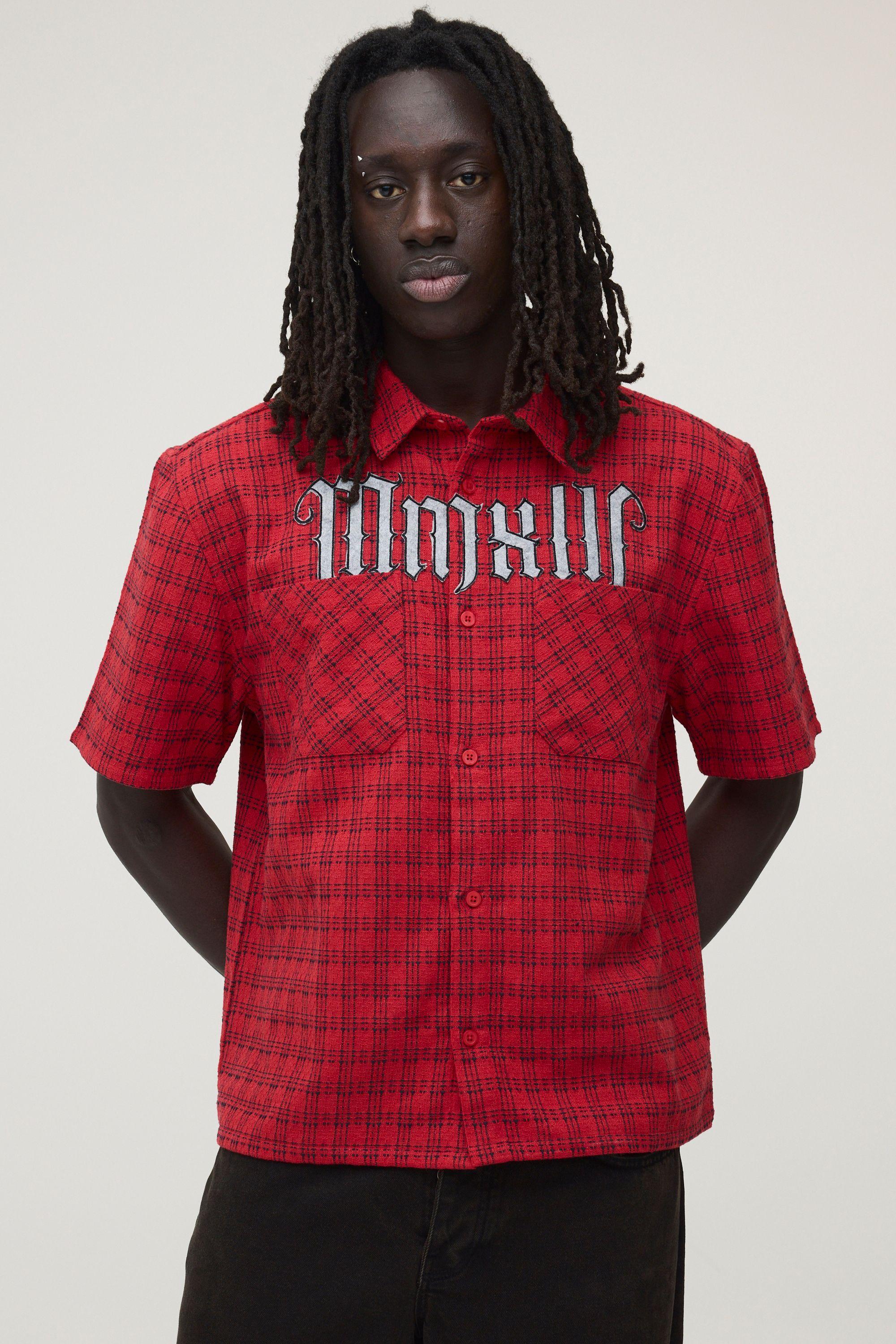 Tall Oversized Microcheck MMXIII Applique Double Pocket Boxy Shirt by BOOHOOMAN