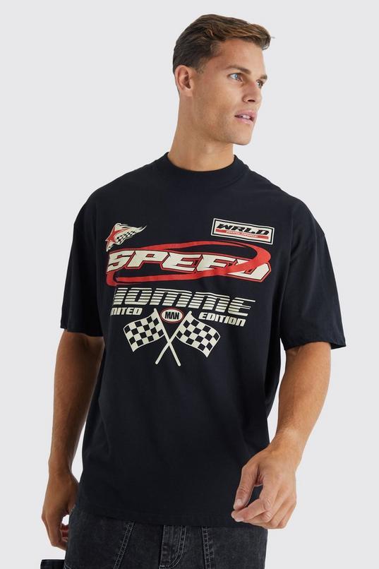 Tall Oversized Moto Racing Print T-shirt by BOOHOOMAN