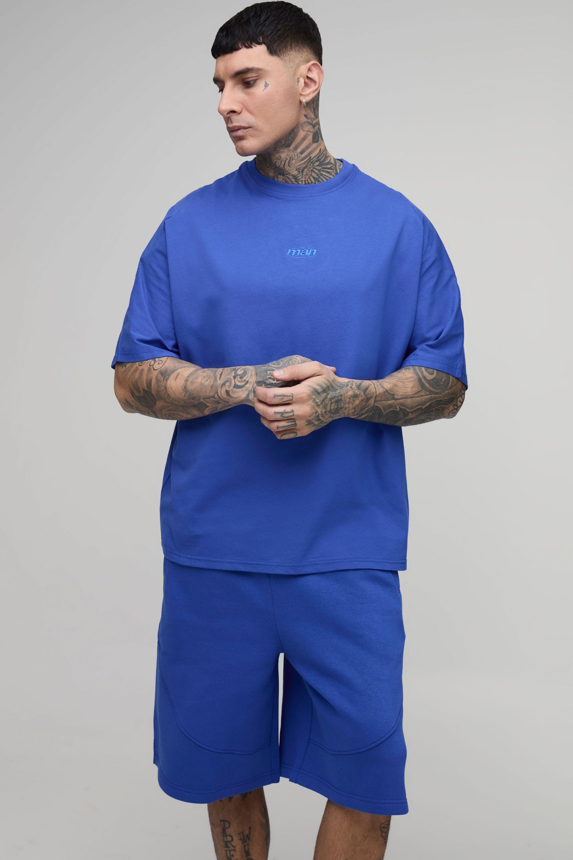 Tall Oversized Panelled Man Embroidered T-Shirt and Short Set by BOOHOOMAN
