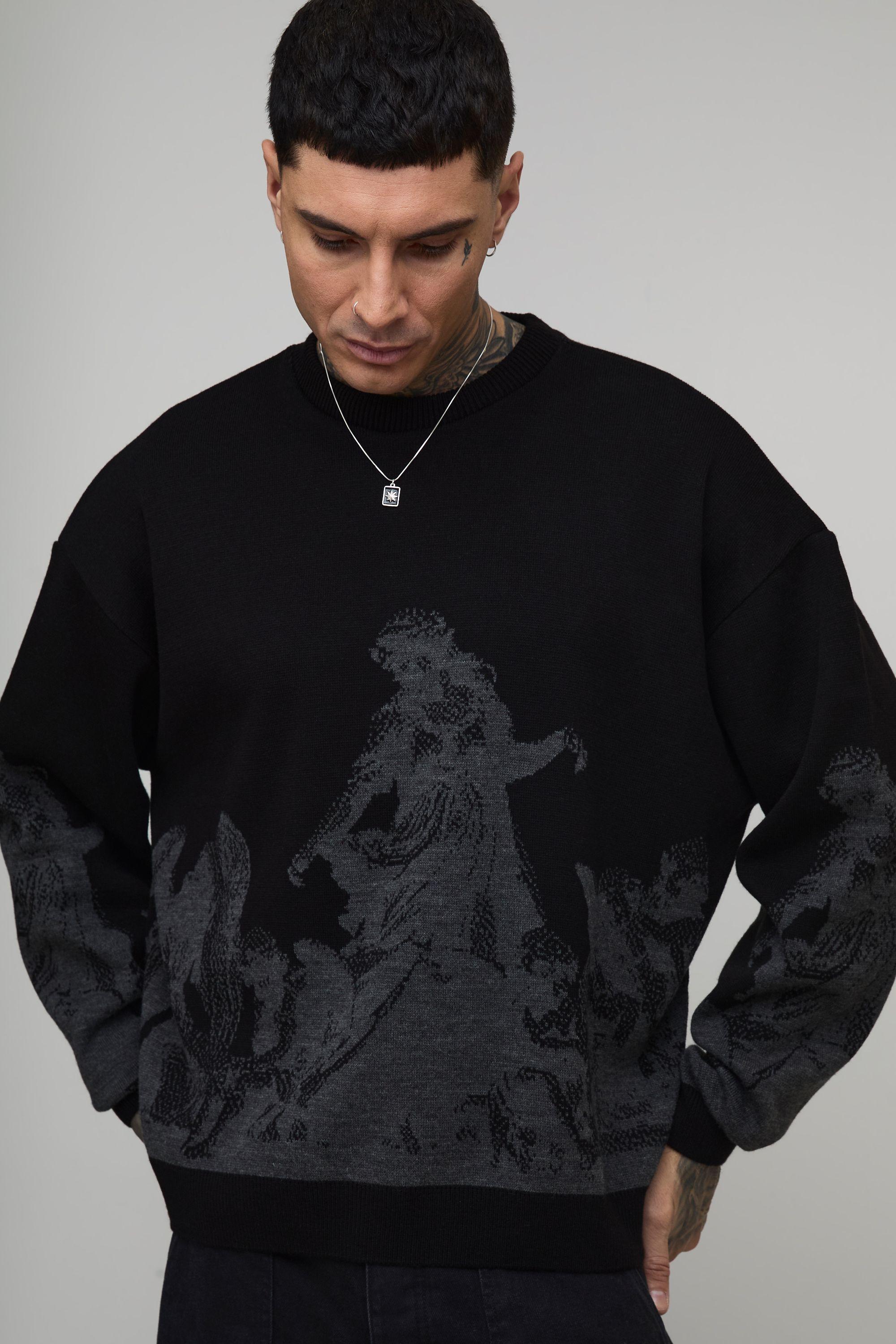 Tall Oversized Renaissance Embroidered Jacquard Knitted Jumper by BOOHOOMAN