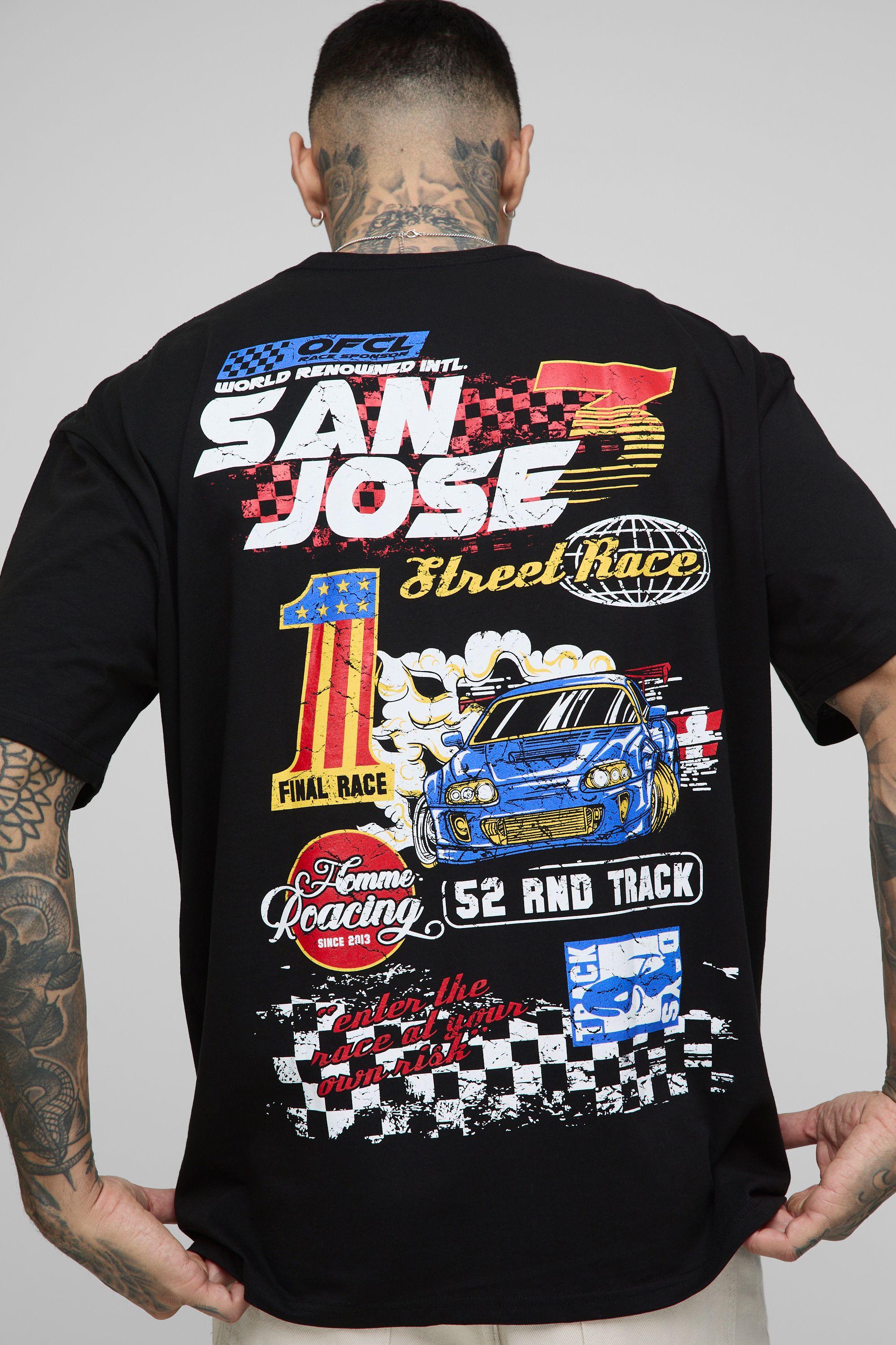 Tall Oversized San Jose Moto Print T-Shirt by BOOHOOMAN