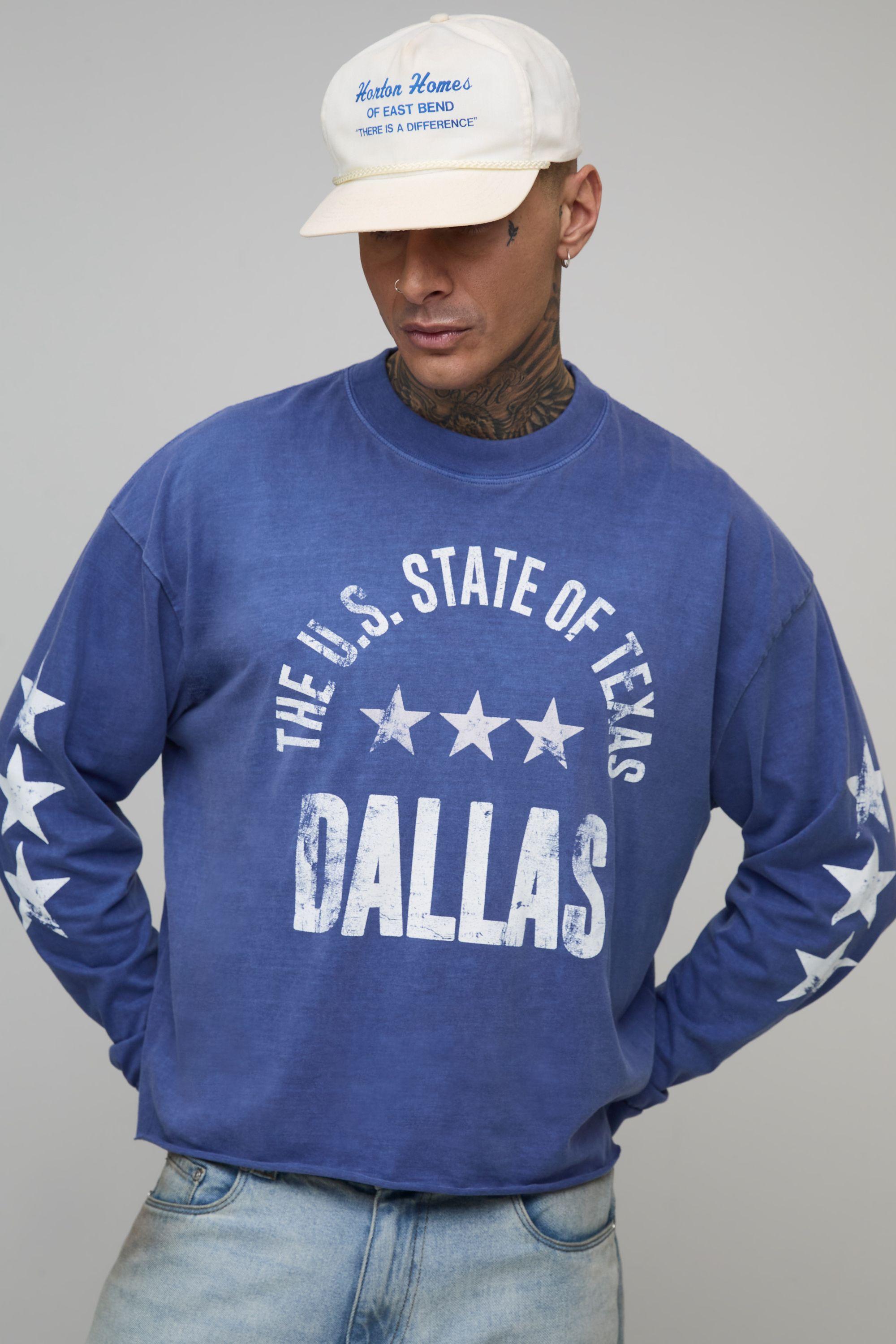 Tall Oversized Shrunken Boxy Dallas Star Raw Hem Long Sleeve Washed T-Shirt by BOOHOOMAN