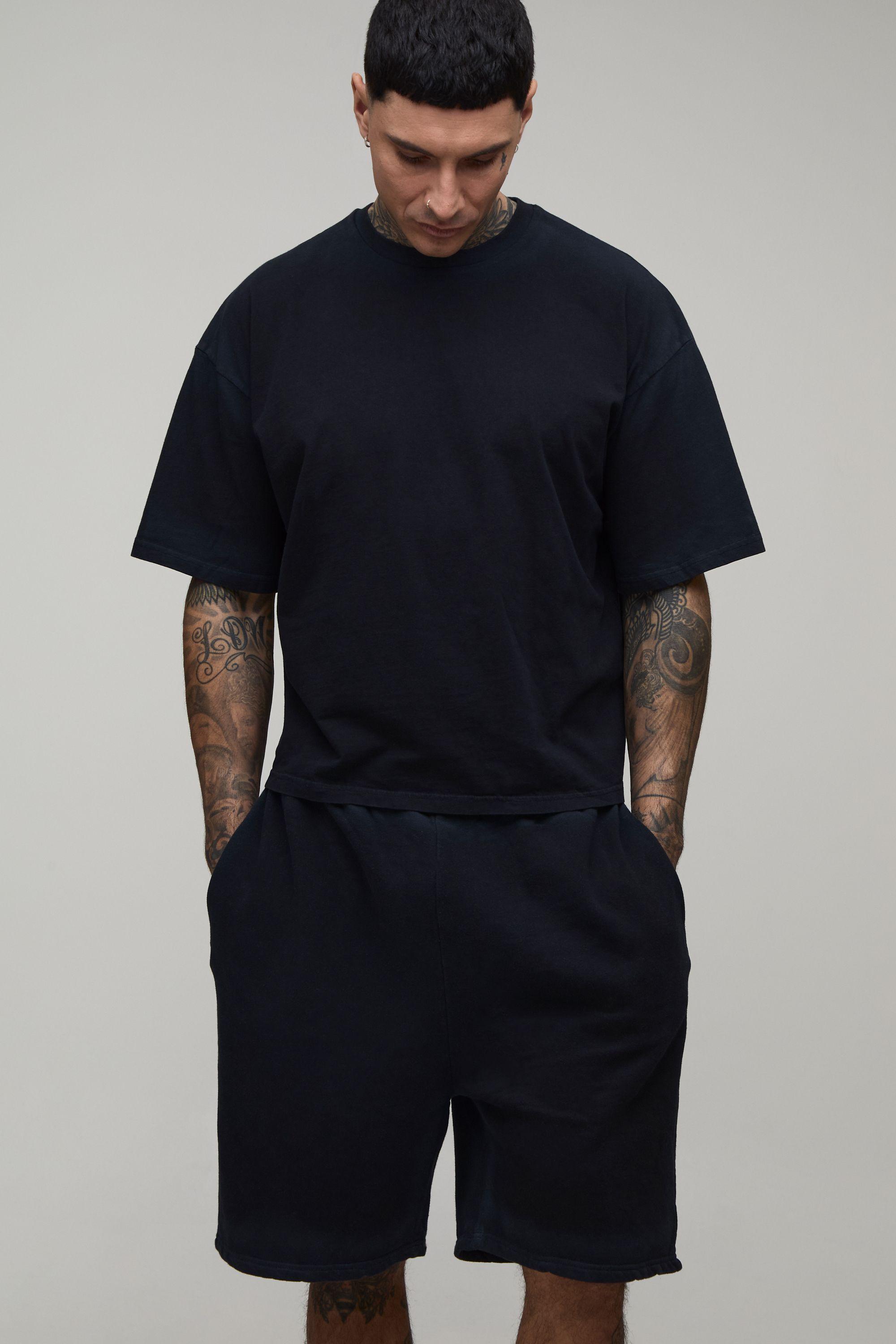 Tall Oversized Shrunken Spray Seam Wash T-Shirt & Shorts Set by BOOHOOMAN